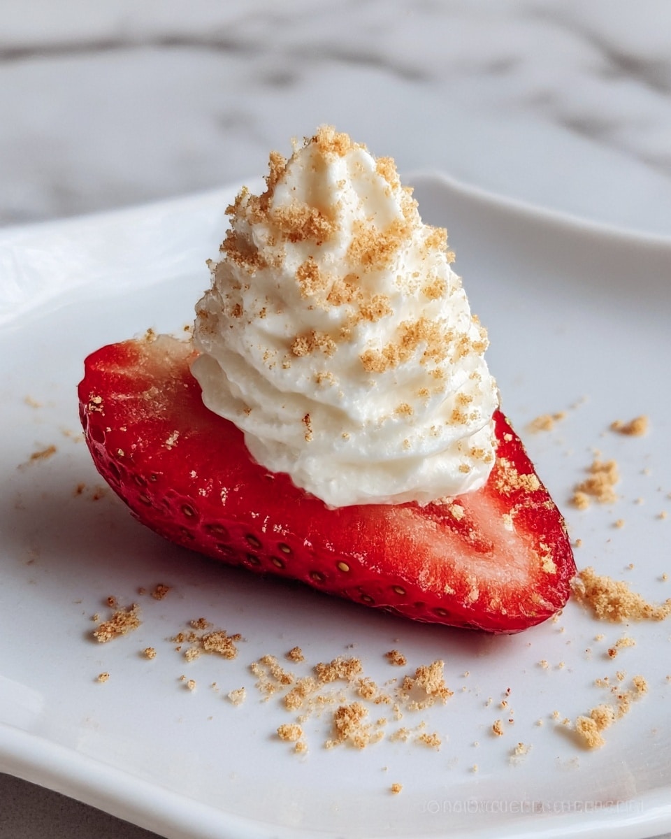 A single bright red strawberry cut in half sits on a white plate with soft edges, placed on a white marbled surface. The strawberry's inside is a lighter red with visible seeds on its outer skin. On top of the flat side of the strawberry half, there is a tall swirl of white whipped cream, textured with soft peaks. Light brown crumbs are sprinkled over the whipped cream and scattered around the plate, adding contrast to the smooth white surface and vibrant red fruit. photo taken with an iphone --ar 4:5 --v 7