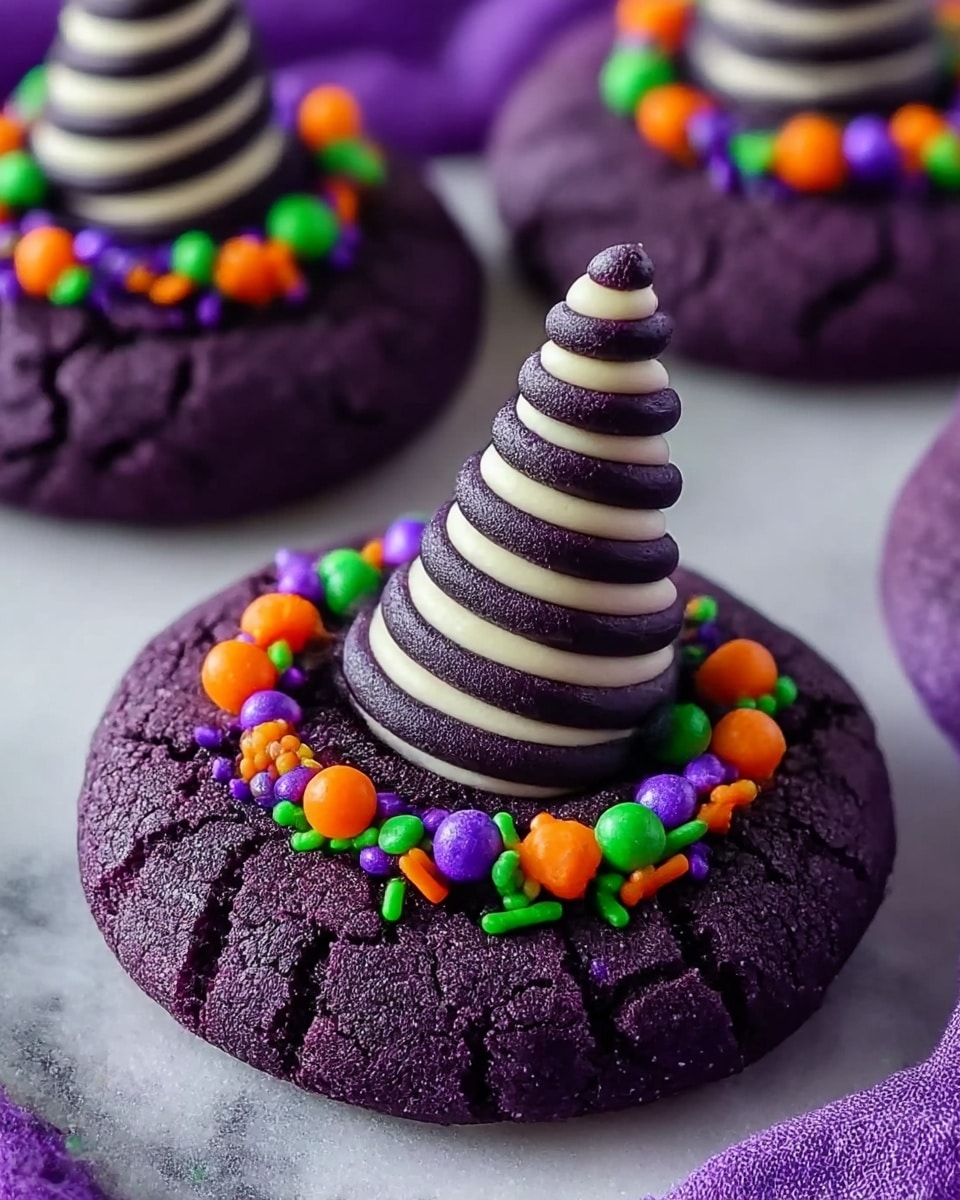 The image shows three dark purple round cookies with a cracked texture on the surface, each topped with colorful small candy sprinkles in orange, green, and purple, arranged in a circular pattern near the top edge of the cookie. At the center of each cookie sits a black and white striped witch hat candy, with smooth spiral layers forming the pointy shape. The cookies lay on a white marbled surface, with a soft purple fabric underneath them subtly visible in the background. The colors are bright and festive, evoking a Halloween theme. photo taken with an iphone --ar 4:5 --v 7