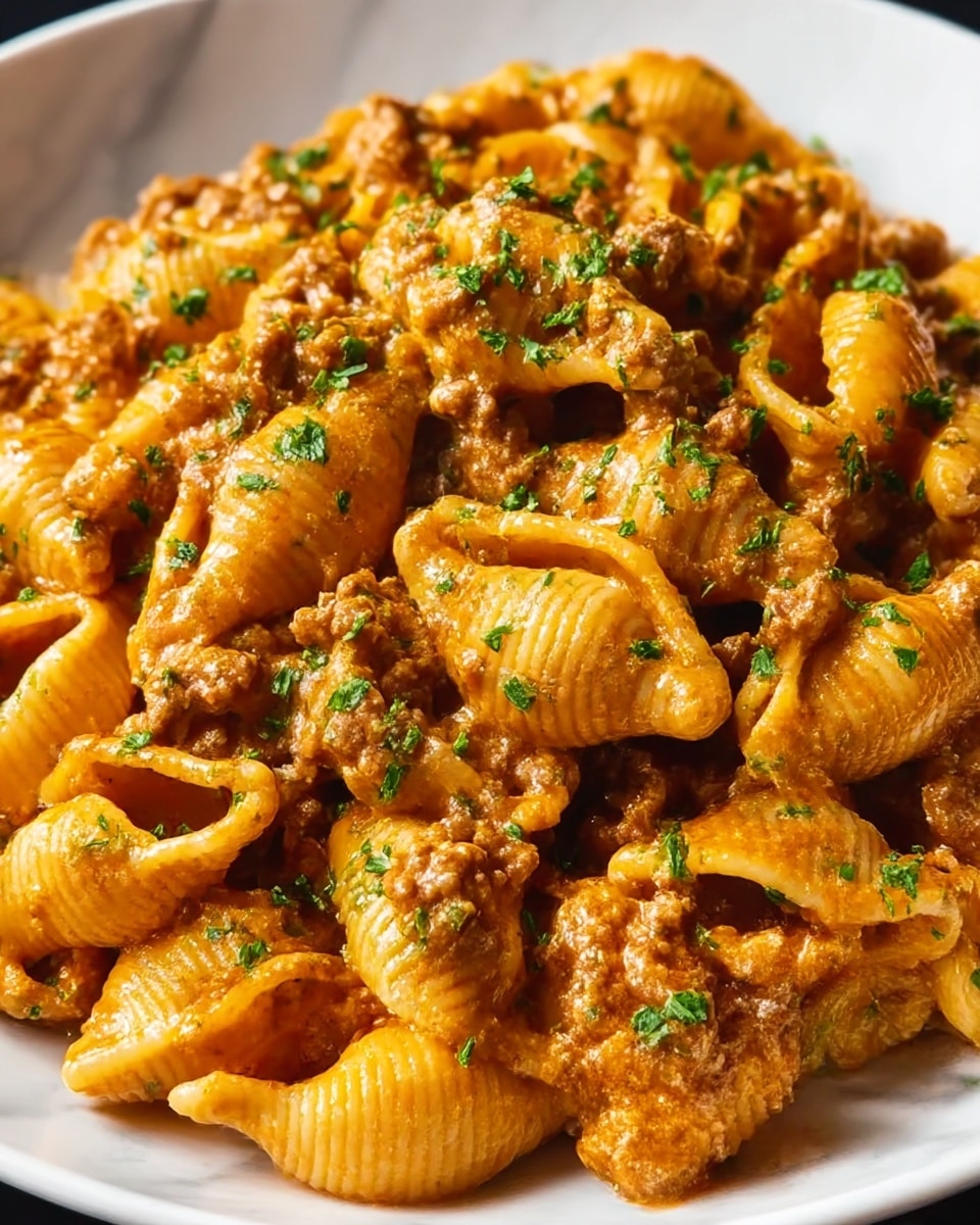 A close-up view of a white plate filled with large shell pasta covered in a thick, creamy meat sauce with a rich orange-brown color. The sauce has visible chunks of browned ground meat mixed evenly throughout the pasta shells. Bright green chopped herbs are sprinkled on top, adding a fresh contrast to the warm tones of the pasta and sauce. The white marbled surface underneath the plate is softly out of focus, making the textured pasta and sauce stand out clearly. photo taken with an iphone --ar 4:5 --v 7