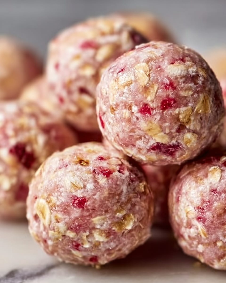 The image shows a close-up of several round snack balls stacked together. Each ball has a rough texture with visible rolled oats and small bits of red fruit or berry mixed into a pinkish, creamy base. The surface looks slightly moist and soft, highlighting the fresh ingredients. The balls are arranged on a white marbled surface, with the focus on the front few, showing detail in the oats and fruit pieces. photo taken with an iphone --ar 4:5 --v 7