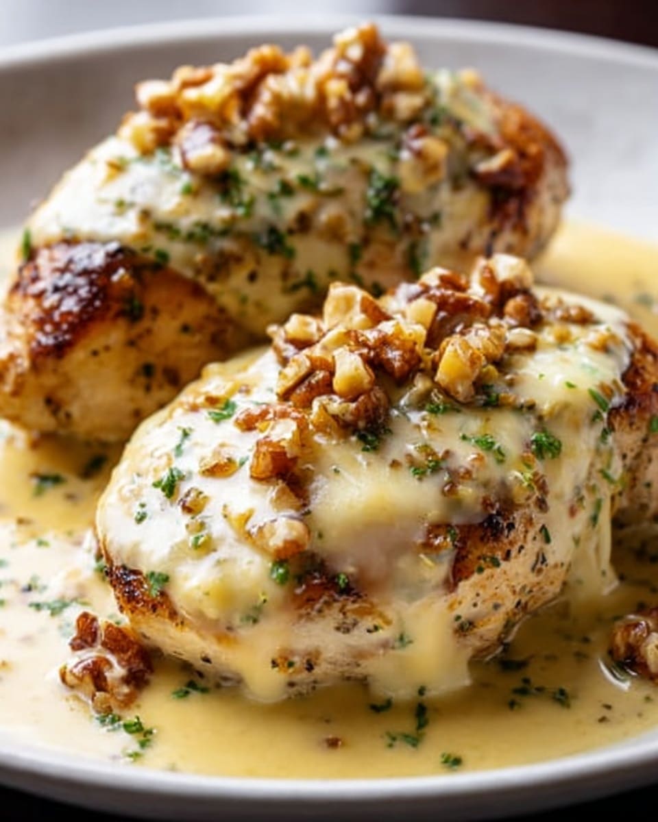 The image shows two pieces of golden brown chicken breast, each topped with a thick layer of melted light yellow cheese that covers most of the surface. On top of the cheese, there is a sprinkling of small, golden brown walnut pieces and green herb flakes scattered evenly. The chicken rests on a creamy beige sauce that pools around the base. The dish is served on a white plate, sitting on a white marbled surface. Photo taken with an iphone --ar 4:5 --v 7