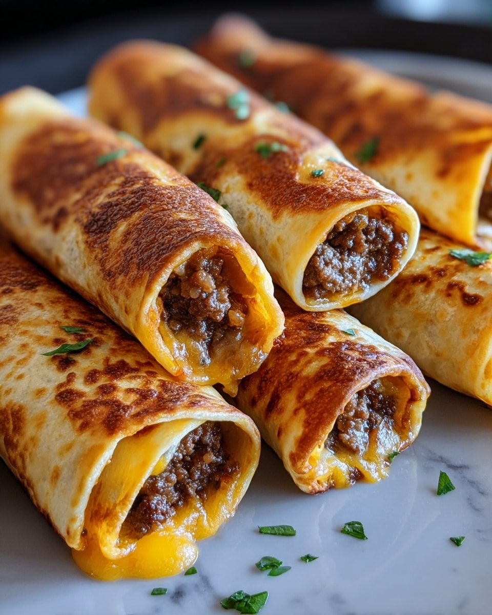 The image shows several golden-brown rolled tortillas, each filled with a layer of melted cheddar cheese and a layer of cooked ground beef. The tortillas have a crispy, slightly toasted outer surface with some darker spots, and you can see small bits of green herbs scattered around and on the filling. The rolls are placed close to each other on a flat white plate, with a white marbled surface underneath. The layers inside the roll are clearly visible: a smooth, melted bright orange cheese layer next to a crumbly textured dark brown beef layer, all wrapped in a light tan tortilla skin. Photo taken with an iphone --ar 4:5 --v 7