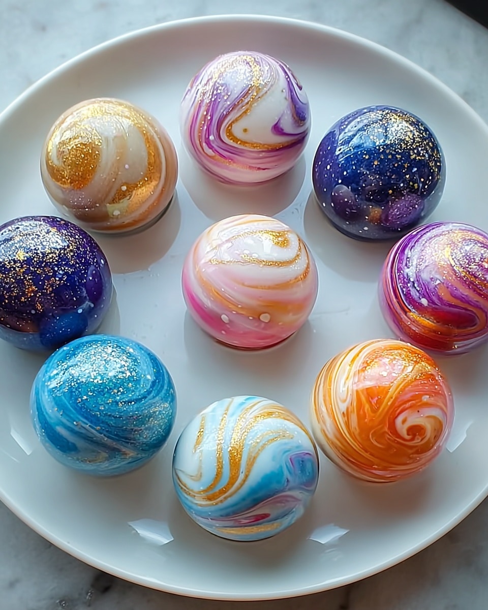 A white plate holds nine perfectly smooth, shiny spherical desserts arranged in a circle. Each sphere has a unique swirl pattern with two to three colors mixing like a galaxy. Colors include gold and pink swirls, bright purple and white with golden specks, soft pink and peach tones, deep navy blue dotted with white spots like stars, vibrant purple with silver and gold sparkles, turquoise mixed with white and orange streaks, bright orange swirled with white and gold glitter, creamy white with orange waves, and light blue with white dots and gentle swirls. The plate rests on a white marbled surface, and the spheres’ gloss shows soft reflections. photo taken with an iphone --ar 4:5 --v 7
