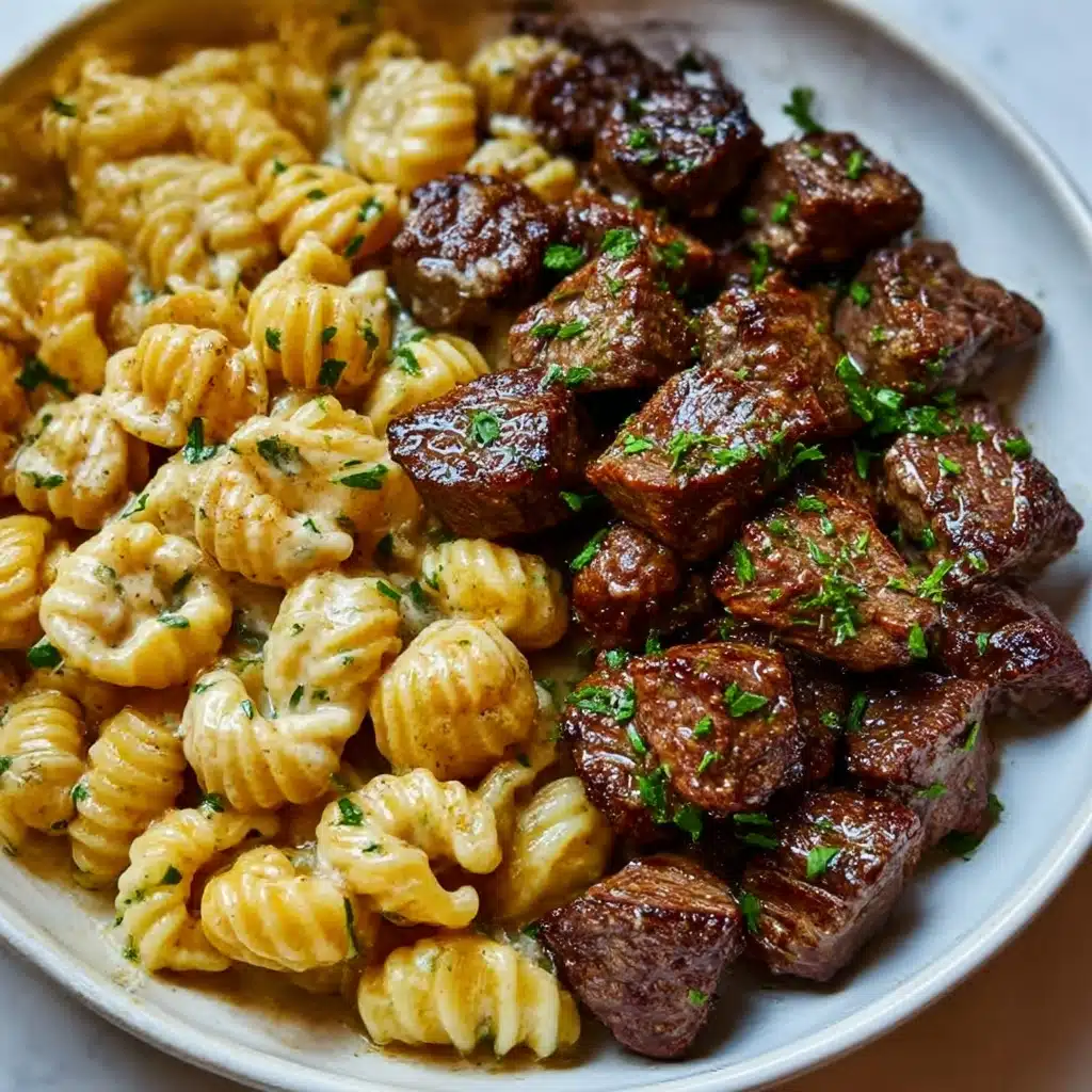 Cajun Steak Bites and Cheesy Garlic Shells Skillet Recipe - Recipe Image