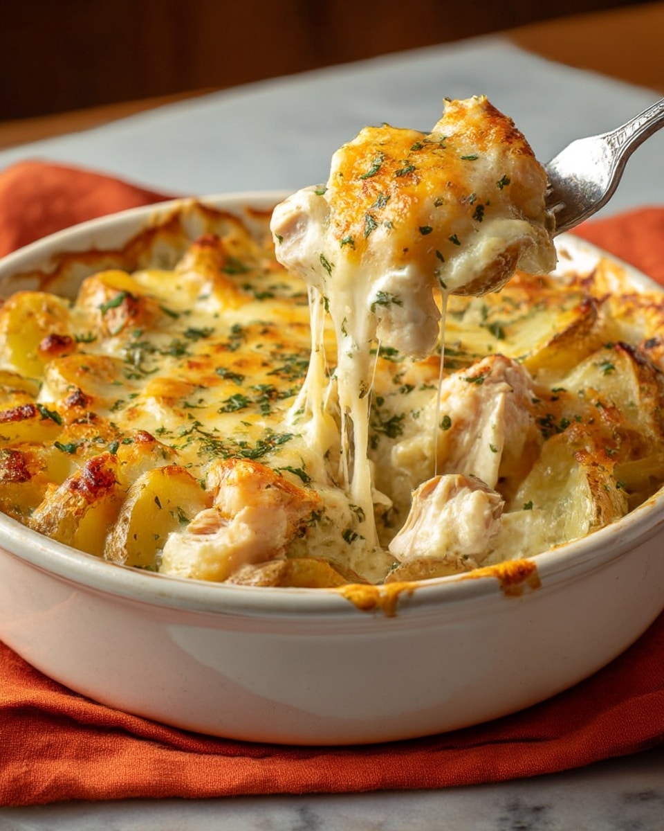 A round white ceramic dish filled with a cheesy baked potato and chicken casserole, where the top layer is golden brown melted cheese with green herbs sprinkled on it. Under the cheese, there are sliced baked potatoes with crispy browned edges, packed closely together in the dish. Pieces of white chicken are mixed throughout, covered in gooey melted cheese. A fork is lifting a scoop showing stretchy cheese pulling away, with chunks of chicken and potatoes visible. The dish sits on an orange cloth over a white marbled surface photo taken with an iphone --ar 4:5 --v 7