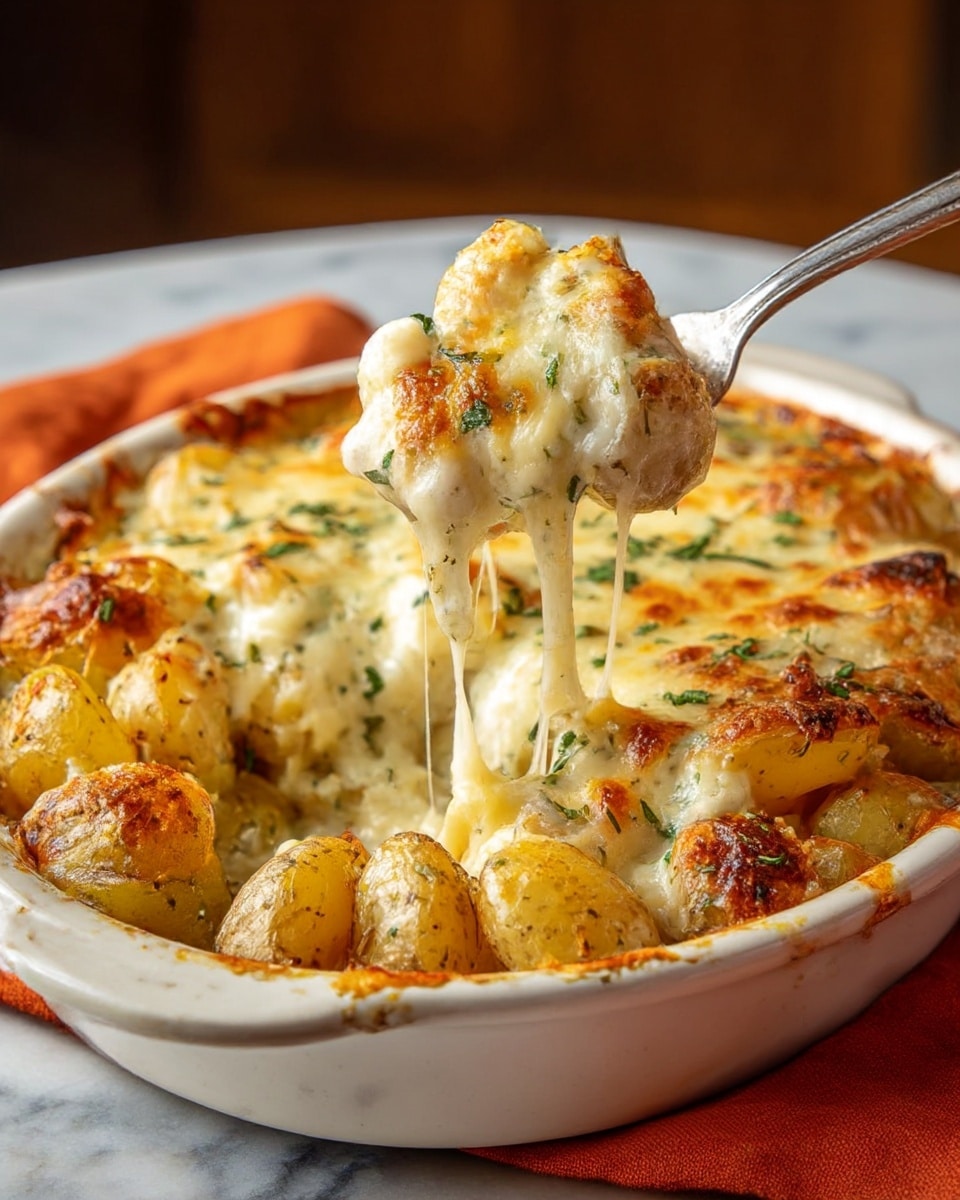 The image shows a white ceramic dish filled with a cheesy potato bake. The bottom layer is made of whole small golden-brown potatoes, some halved, showing a crispy texture. On top, there is a thick layer of melted cheese that is golden and bubbly, with browned spots indicating a crispy finish. Fresh green herbs are sprinkled on top, adding color and freshness to the dish. A fork lifts a portion of the bake, stretching the gooey melted cheese with chunks of soft, white potatoes covered in cheese and herbs. The dish sits on an orange cloth on a white marbled surface. Photo taken with an iphone --ar 4:5 --v 7