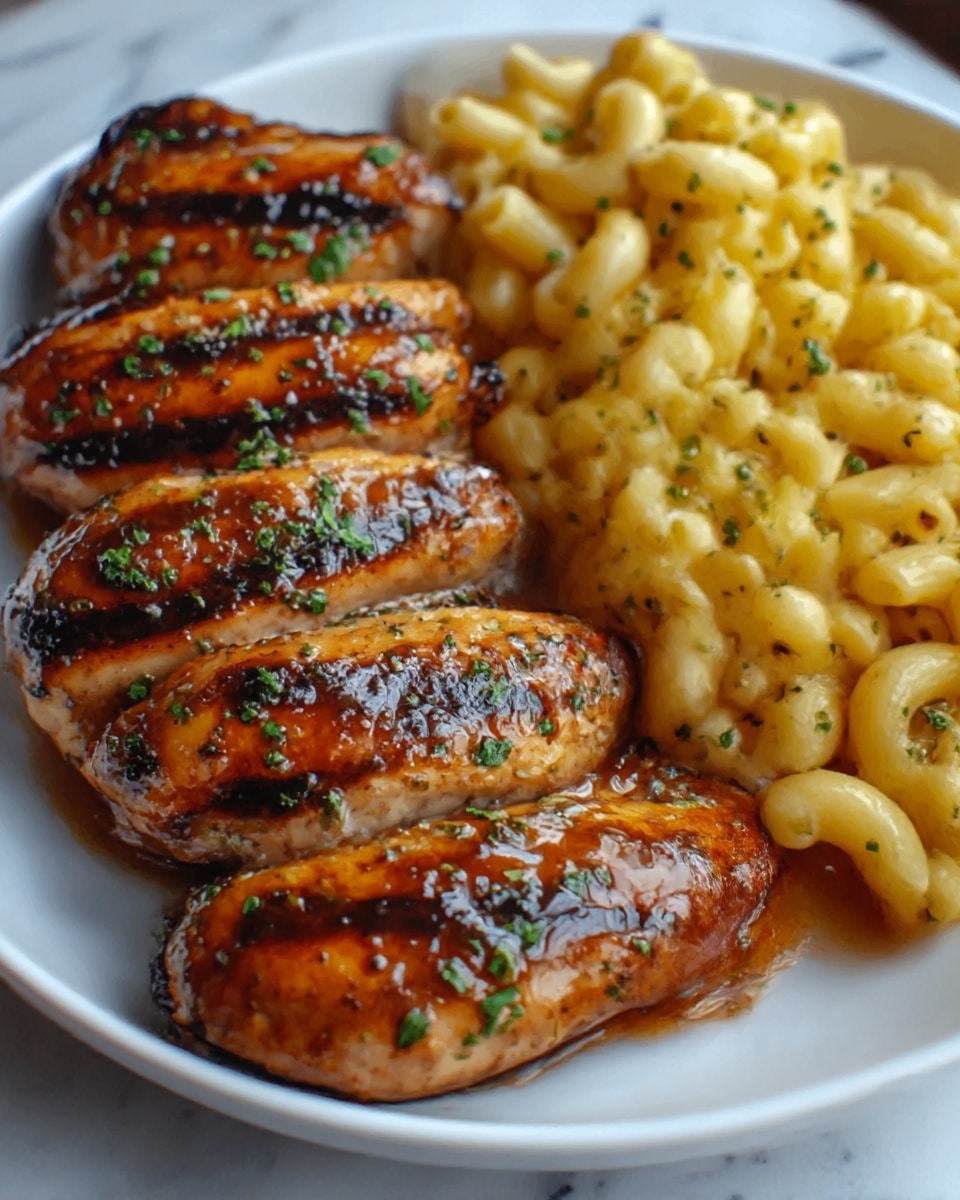 The image shows a white plate filled with four pieces of grilled chicken breast arranged in a row on the right side, each piece coated with a glossy brown sauce and sprinkled with green herbs. On the left side of the plate, there is a serving of creamy macaroni pasta with a pale yellow color, the pasta pieces are small and curved. The plate rests on a white marbled surface, creating a clean and bright background. Photo taken with an iphone --ar 4:5 --v 7