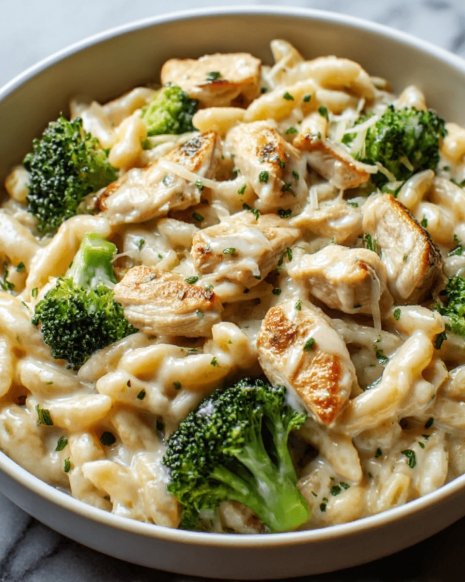 A white bowl filled with creamy pasta topped with pieces of cooked chicken and bright green broccoli florets. The pasta is coated in a smooth, pale sauce with small bits of herbs sprinkled evenly over the top. The chicken pieces are golden brown with a tender texture, placed on top and throughout the dish, while the broccoli adds a fresh, vibrant green color around and between the pasta and chicken. The bowl sits on a white marbled surface. photo taken with an iphone --ar 4:5 --v 7