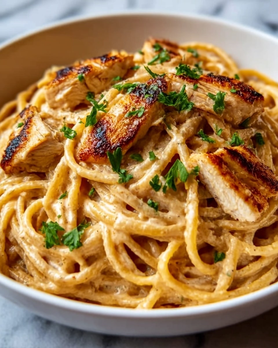 A close-up view of a white bowl filled with creamy pasta. The bottom layer is a smooth, light yellow sauce coating long spaghetti noodles that look soft and shiny. On top, there are pieces of grilled chicken, golden brown with slight char marks, showing a crispy texture. Small bits of chopped green herbs are sprinkled over the chicken and pasta, adding a fresh touch. The bowl sits on a white marbled surface. Photo taken with an iphone --ar 4:5 --v 7