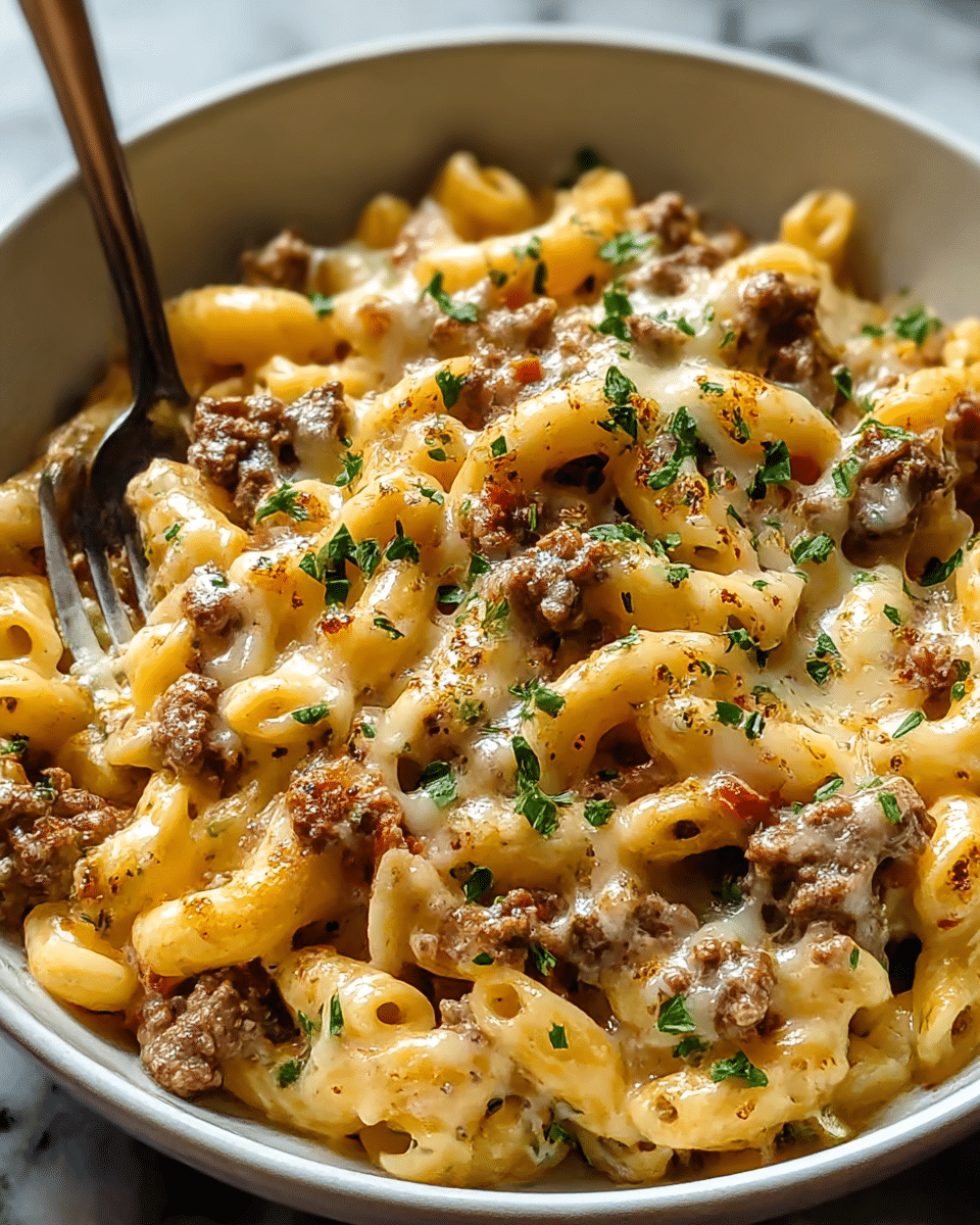 A white bowl filled with creamy macaroni pasta as the base layer, topped with browned ground beef pieces scattered evenly across. Over the beef is a melted layer of white cheese with some areas slightly browned and bubbly, giving a gooey texture. Small bits of red pepper are mixed in with the cheese, adding color contrast, while chopped green herbs are sprinkled on top for a fresh look. A metal fork is placed resting inside the bowl. The scene is set on a white marbled surface. photo taken with an iphone --ar 4:5 --v 7