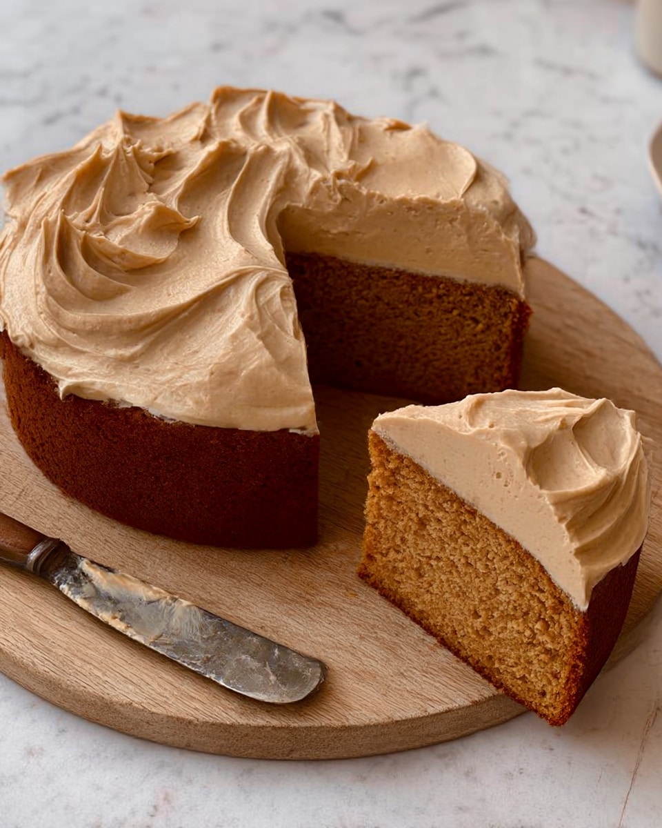 The image shows a round cake cut into four pieces, placed on a wooden board. The cake has two layers: the bottom layer is a thick, dense, brown cake with a slightly rough texture, and the top layer is a thick, smooth, light brown frosting with swirled peaks. One slice is fully separated from the cake and has frosting spreading slightly over the edges. Next to the slice, there is a knife with some frosting on its blade. The background features a white marbled surface. Photo taken with an iphone --ar 4:5 --v 7