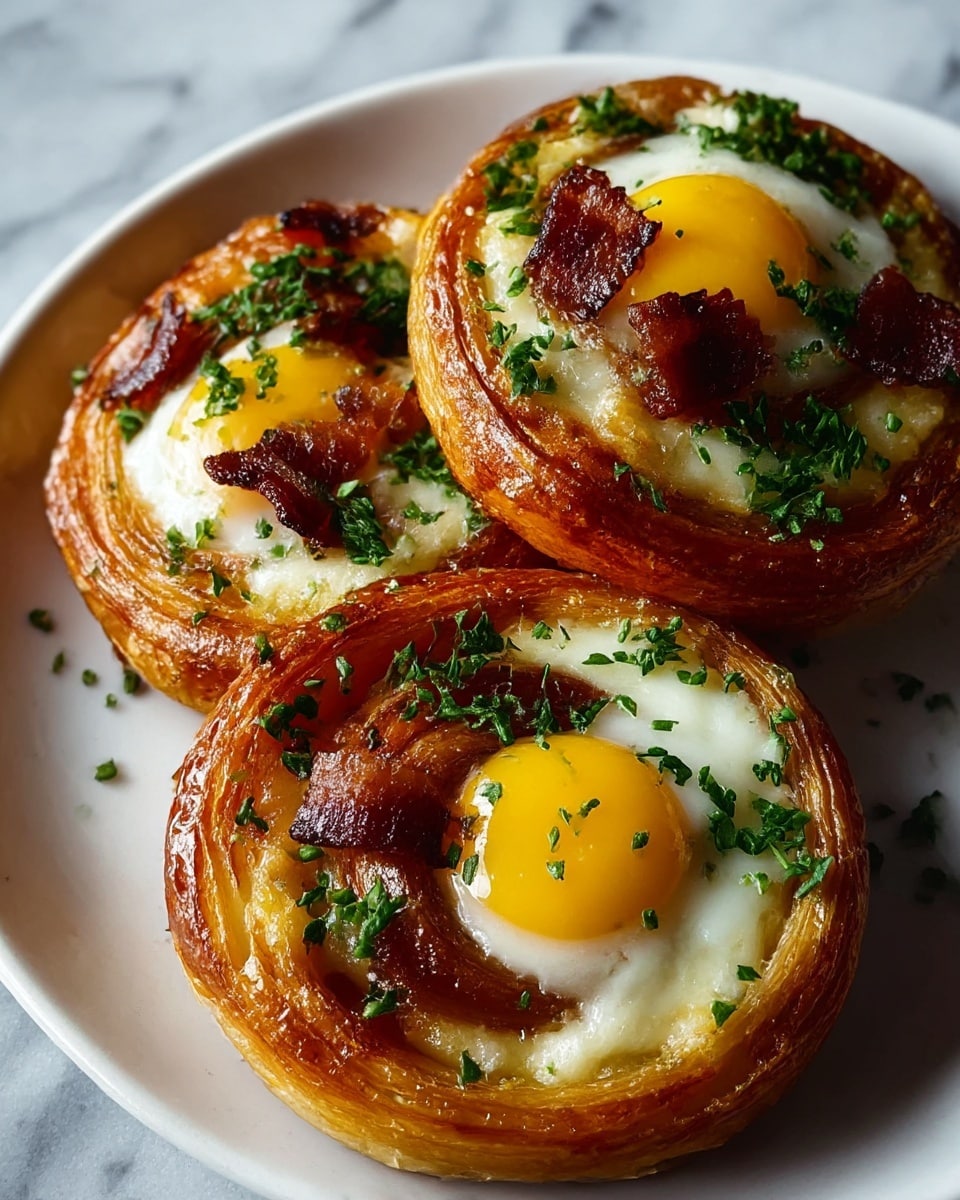 Three golden-brown, spiral-shaped pastries sit on a white plate, each with a crispy outside layer and softer inside layers visible in the swirl. At the center of each pastry, there is a small bright yellow egg yolk on top of a white melted cheese layer that covers the middle of each swirl. Small pieces of dark, crispy bacon are scattered on top and embedded in the pastry. Fresh green chopped herbs are sprinkled over the cheese, eggs, and plate edges. The plate is placed on a white marbled surface. Photo taken with an iphone --ar 4:5 --v 7