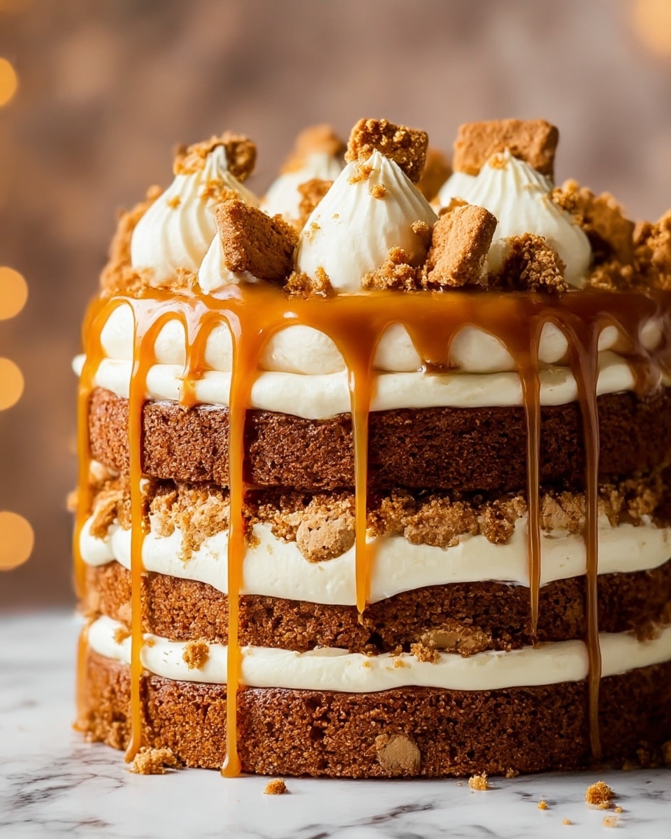 A tall three-layer cake stands on a white plate, each dark brown sponge layer separated by thick creamy white frosting swirled with crunchy pieces of crumbly brown cookies. The top layer is crowned with equal-sized creamy white dollops around the edge, each topped with small chunks of the same brown cookies. A glossy caramel sauce drips over the sides of the cake in slow, thick streams, adding a shiny golden contrast to the rich, textured layers and the smooth frosting. The whole cake is set against a soft white marbled surface, creating a warm, inviting focus. photo taken with an iphone --ar 4:5 --v 7