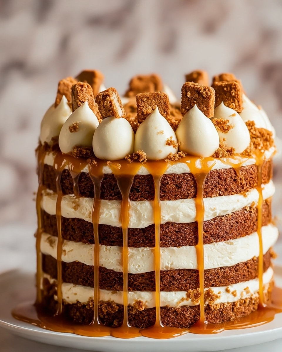The image shows a three-layer brown cake on a white marbled surface. Each layer of the cake is separated by thick, creamy white frosting that also holds chunks of light brown cookie pieces nestled within it. The top layer is covered with a smooth, shiny caramel sauce that drips down the sides in slow, thick streams. On top of the caramel layer are large dollops of the same creamy white frosting, each one topped with more cookie crumbs and chunks. The cake looks moist with a soft texture, and the warm background lights make the cake look cozy and inviting. Photo taken with an iphone --ar 4:5 --v 7