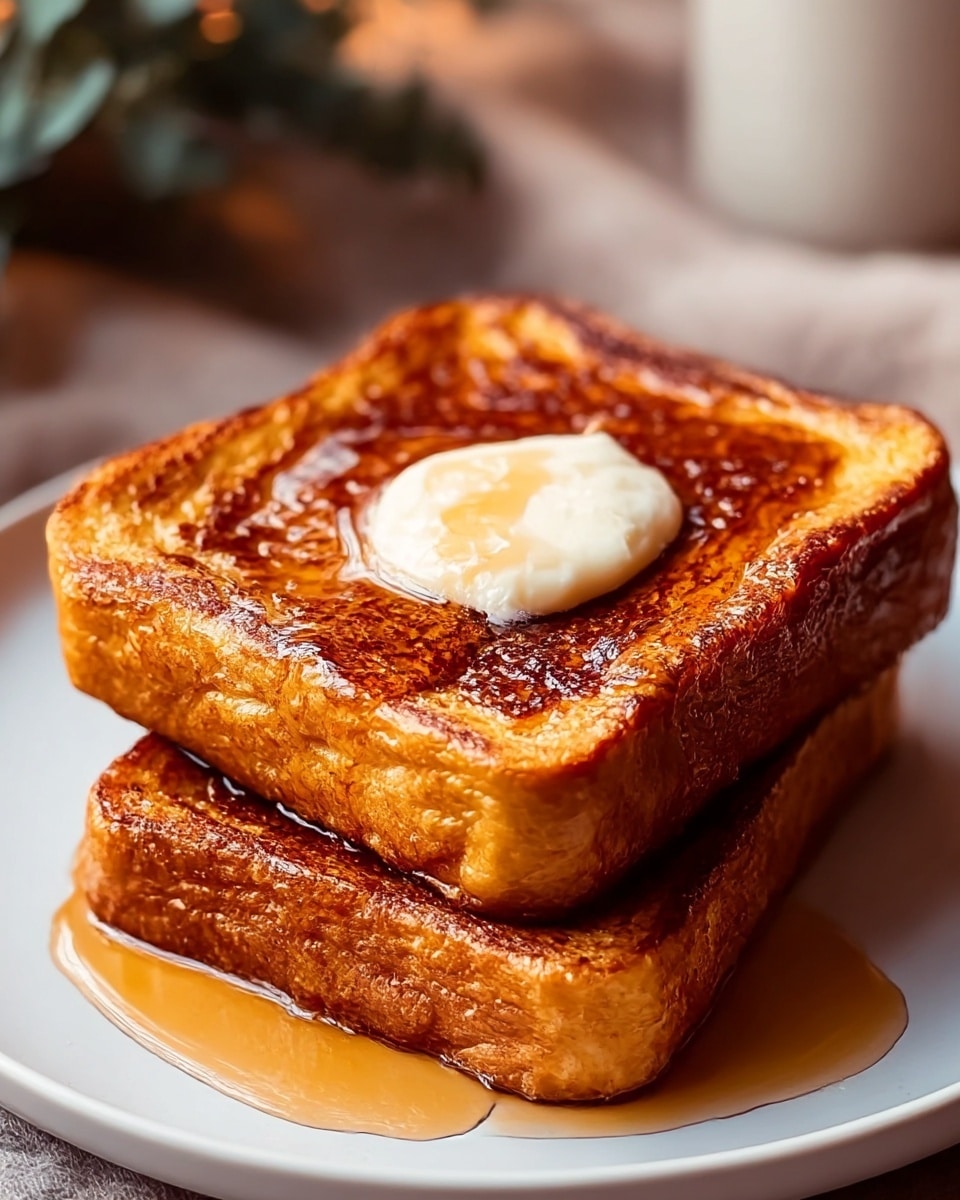 Two thick slices of golden brown French toast are stacked on a white plate, each slice showing a crispy, caramelized texture with darker edges and a soft inside. The top slice has a small dollop of creamy butter in the center, which is slightly melting. Rich syrup is drizzled generously over both slices, pooling slightly on the plate, giving them a shiny, appetizing look. The background has a white marbled texture. photo taken with an iphone --ar 4:5 --v 7