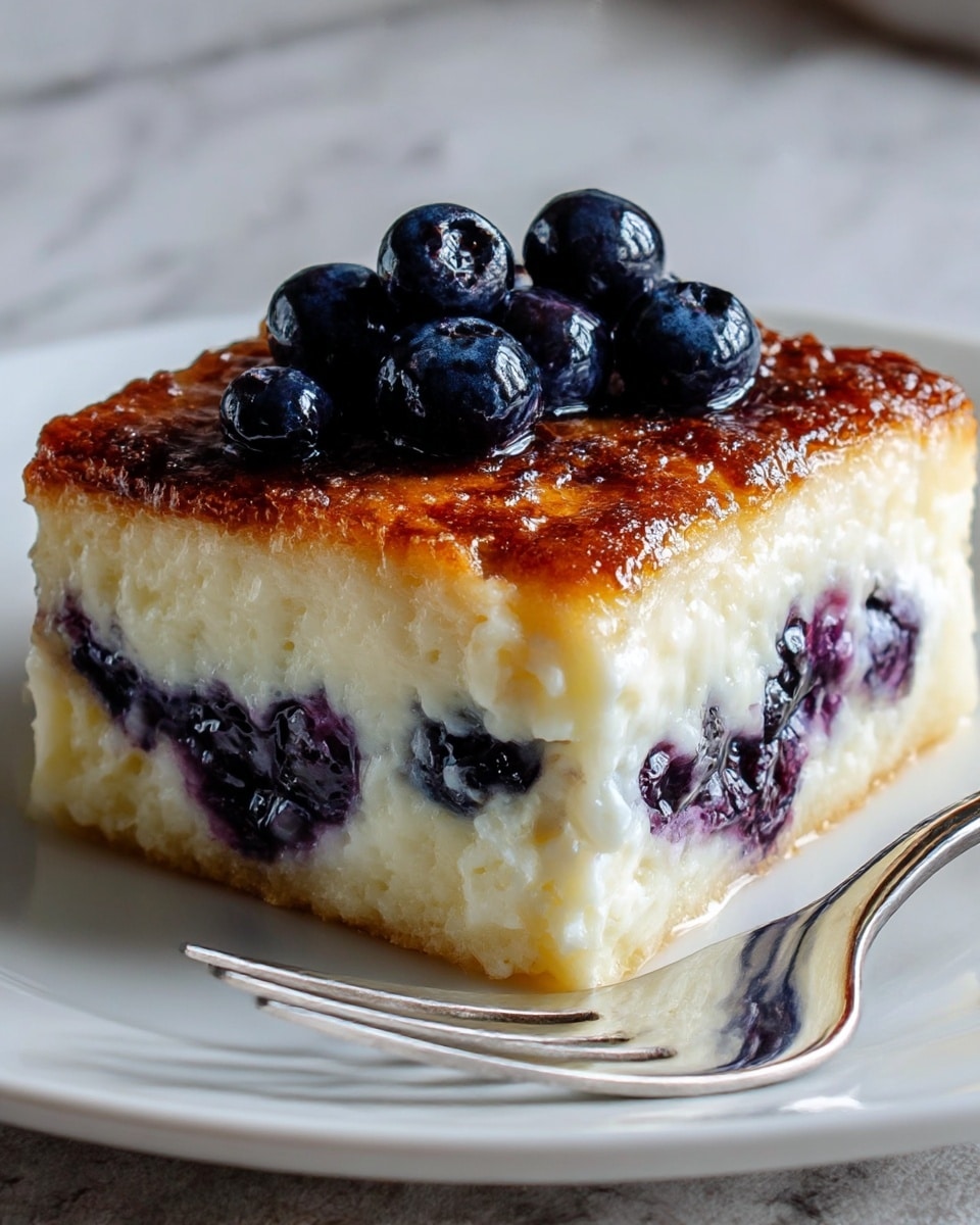 A square slice of a creamy blueberry dessert sits on a white plate with a shiny silver fork beside it. The dessert has three visible layers: a golden-brown top layer with a slightly caramelized texture, scattered with whole, glossy blueberries; a thick middle layer of smooth, pale cream with some blueberries mixed inside; and a bottom layer that is slightly golden and soft. The white marbled surface beneath the plate is softly shown in the blurry background. Photo taken with an iphone --ar 4:5 --v 7