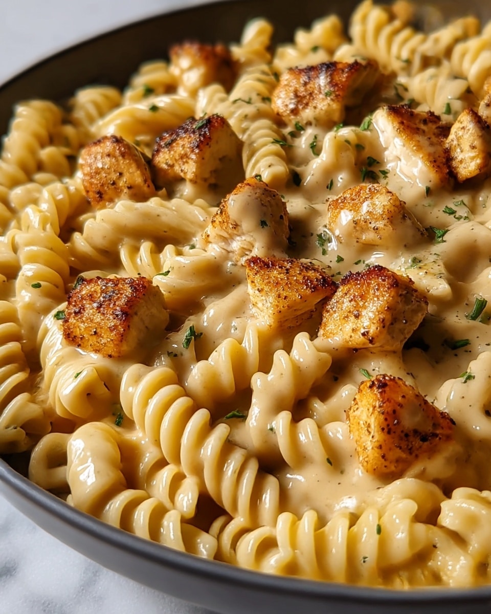 A close-up view of a creamy pasta dish in a black pan showing two main layers: the base layer is light yellow, spiral-shaped rotini pasta coated in a smooth, thick, creamy sauce with visible specks of herbs and black pepper, covering the pasta evenly. On top, browned, golden chicken pieces with a slightly crispy texture are scattered generously, each piece seasoned with black pepper and small green parsley leaves for color contrast. The image highlights the glossy, rich sauce clinging to the pasta with a few fresh parsley bits adding freshness. The background and surface are a white marbled texture. Photo taken with an iphone --ar 4:5 --v 7