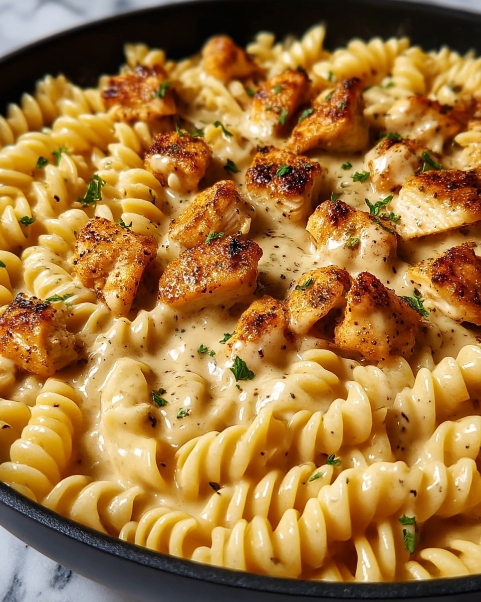 A close-up view of a creamy pasta dish in a shallow white plate, featuring spiral rotini pasta coated in a smooth, beige-colored creamy sauce with a slightly glossy texture. Scattered evenly across the pasta are small chunks of golden-brown grilled chicken with a crispy, peppered outer layer. Tiny bits of green herbs are sprinkled over the dish, adding a fresh touch of color. The whole dish sits on a white marbled surface, enhancing the warm tones of the food. Photo taken with an iphone --ar 4:5 --v 7