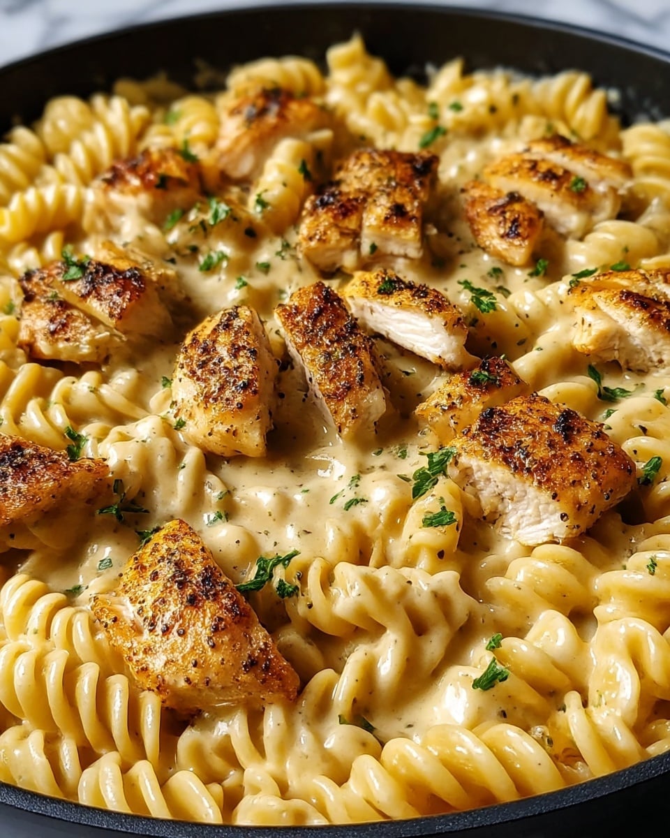 A close-up view of a creamy pasta dish in a white plate, featuring thick spiraled rotini pasta coated in a smooth, light beige cheese sauce. On top, there are two layers of golden-brown, grilled chicken pieces, seasoned with black pepper, scattered evenly over the pasta. Small green herb leaves are sprinkled across the dish, adding a fresh contrast to the creamy textures and warm colors. The white plate sits on a background with a white marbled texture, enhancing the warm tones of the food. photo taken with an iphone --ar 4:5 --v 7