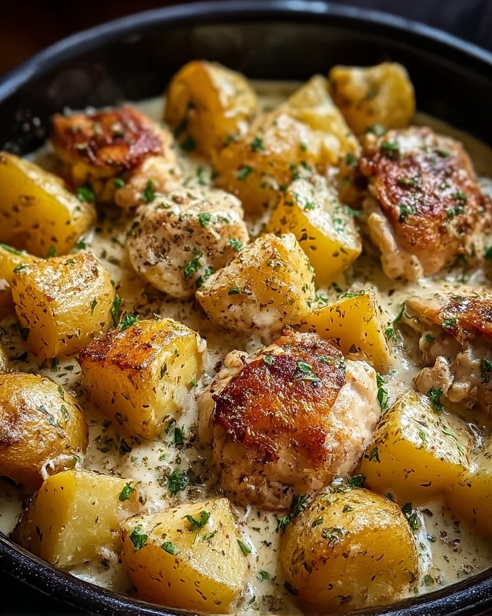 The dish shows a white bowl filled with two main layers: at the bottom, golden yellow roasted potato chunks that have a slightly crispy texture with specks of herbs, and on top, browned chicken pieces with a crispy skin, coated in a creamy white sauce speckled with chopped green herbs. The chicken appears tender and juicy, while the potatoes look soft inside. The sauce pools slightly at the bottom, adding a moist shine to the dish. Photo taken with an iphone --ar 4:5 --v 7