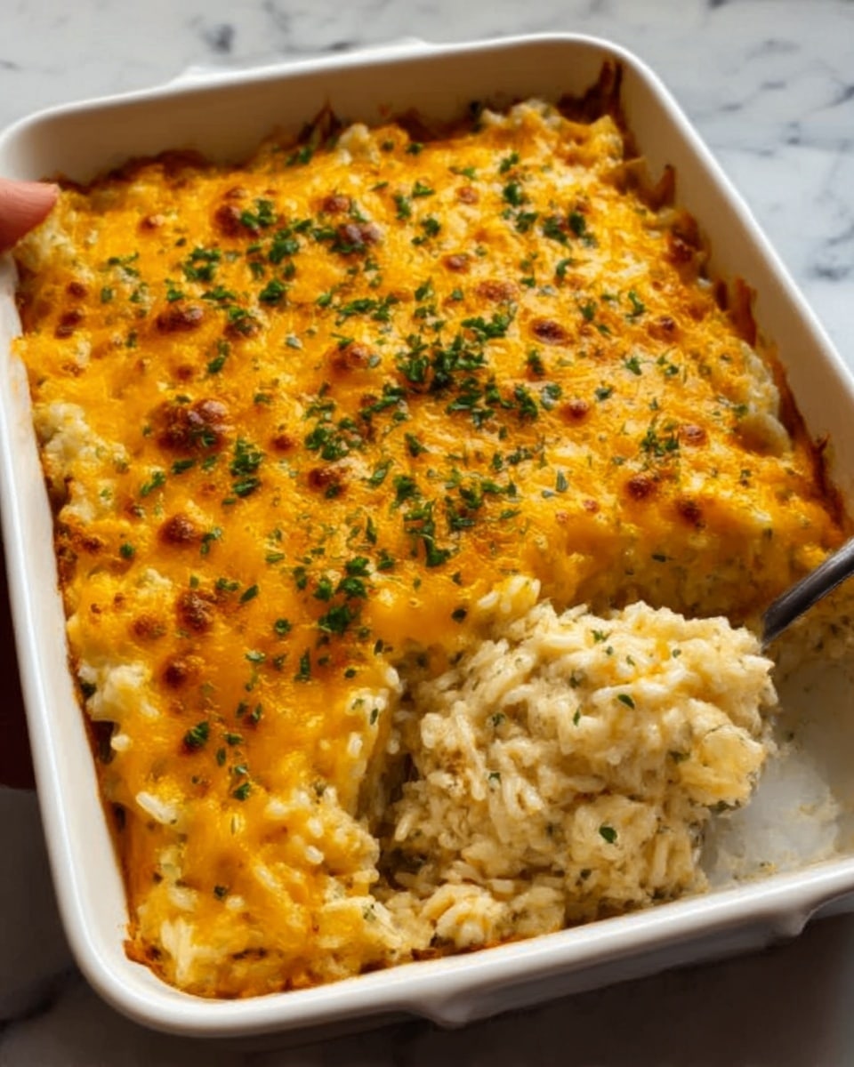 The image shows a white rectangular baking dish filled with a creamy rice casserole. The casserole has two main layers: the bottom layer is soft white rice mixed with a creamy, slightly thick sauce, while the top layer is a golden-brown melted cheese crust with small green herb pieces sprinkled evenly across it. A portion of the casserole has been scooped out on the front left side, showing the soft rice beneath the cheesy top. The dish sits on a white marbled surface in a kitchen setting. Photo taken with an iphone --ar 4:5 --v 7