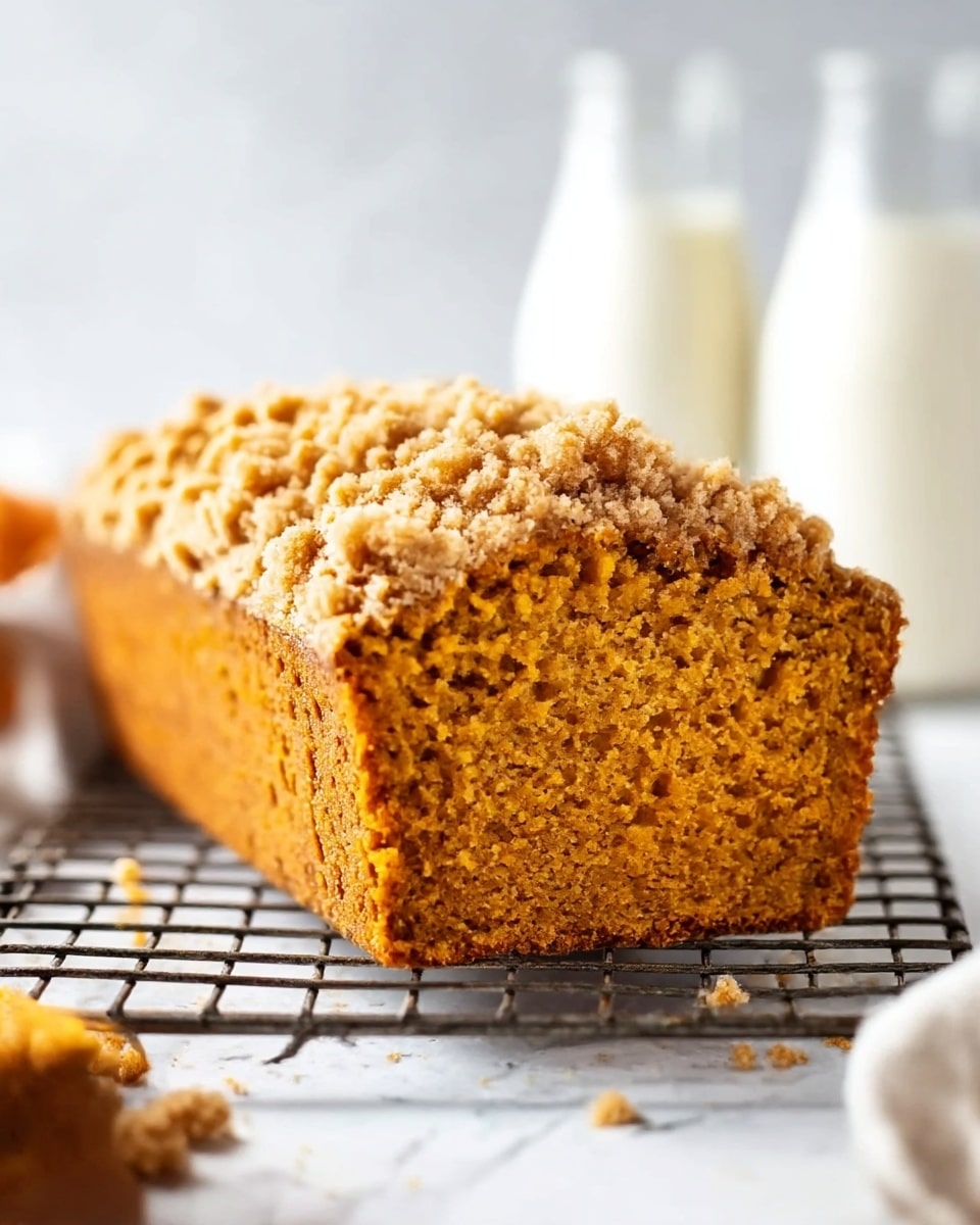 The image shows a slice of pumpkin bread with a crumb topping resting on a metal cooling rack. The bread is a warm orange-brown color with a dense, moist texture, and the top layer has a crumbly, golden-brown streusel covering it. The background is a white marbled surface with soft lighting that highlights the texture of the bread and crumb topping. In the blurred background, two glass milk bottles are visible. Photo taken with an iphone --ar 4:5 --v 7