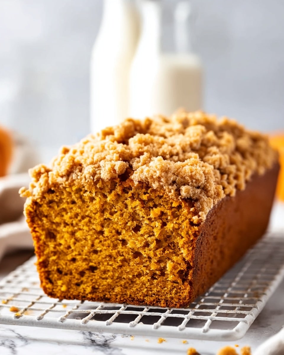 The image shows a thick loaf of pumpkin bread with a crumbly, golden-brown streusel topping. The bread is moist and orange-brown in color with a soft and dense texture. It sits on a white wire cooling rack placed on a white marbled surface. In the blurry background, two white bottles and a glass jar can be seen. The photo taken with an iphone --ar 4:5 --v 7