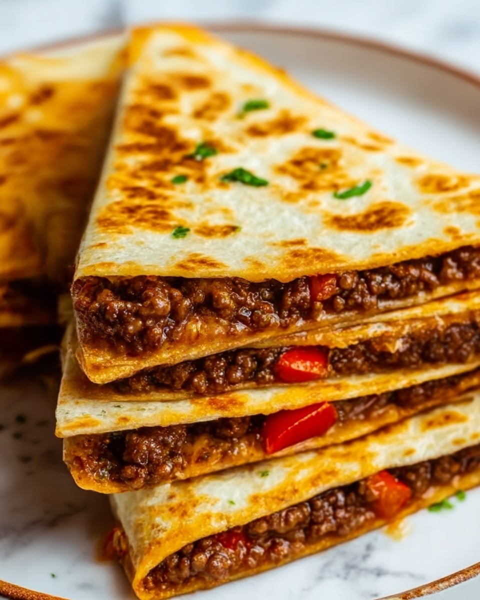 The image shows a stack of three folded quesadilla triangles on a white plate, placed on a white marbled surface. Each quesadilla has a golden-brown crispy tortilla with visible grill marks and small green herb pieces on top. The filling is rich and meaty, dark brown in color with chunks of cooked ground meat and small pieces of red bell pepper peeking through the edges. The layers are thinly stacked, with the tortillas slightly separating to reveal the hearty mixture inside. The image is close up, focusing on the texture and color contrast between the crispy tortilla and the juicy filling. photo taken with an iphone --ar 4:5 --v 7