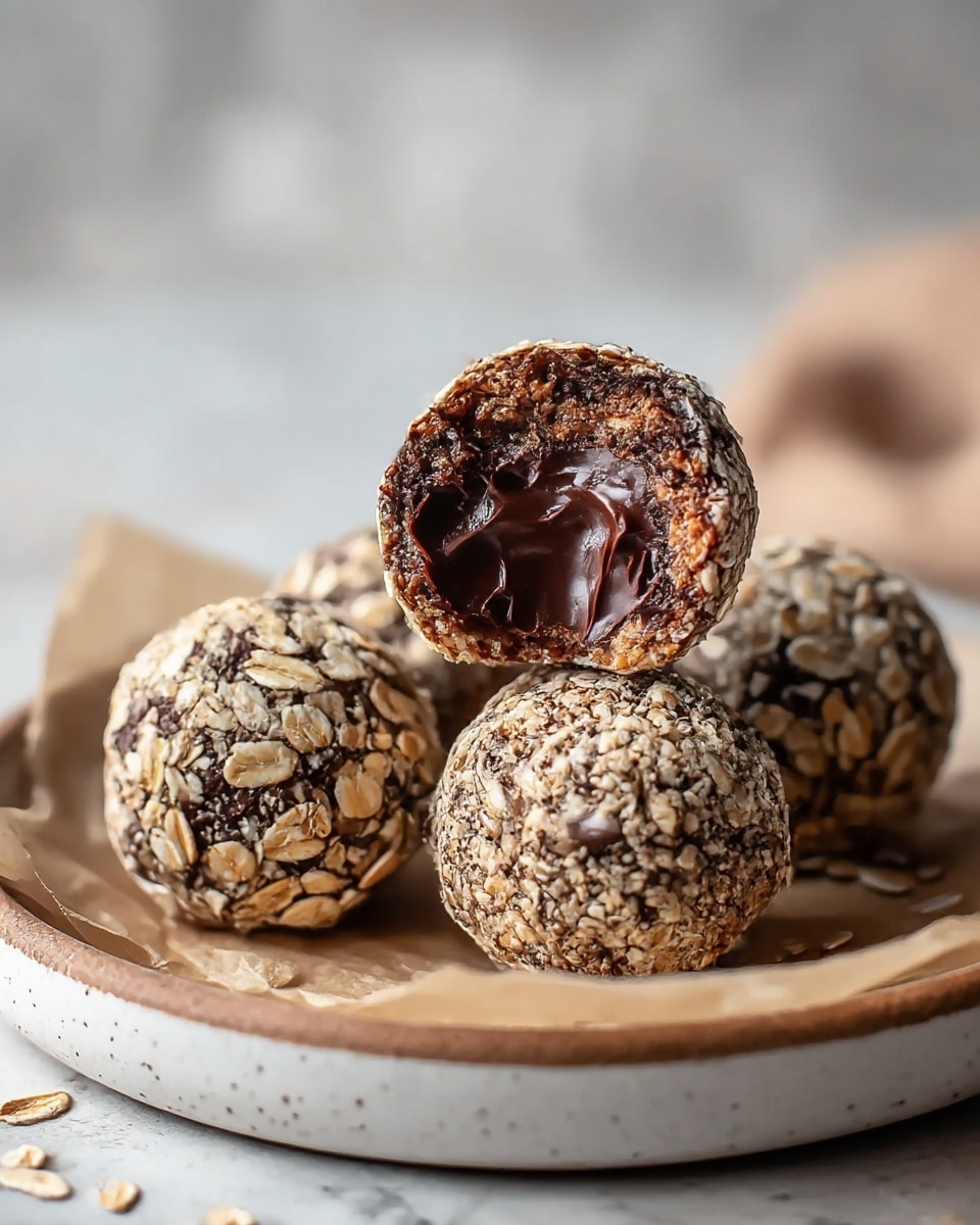 The image shows four round chocolate balls covered with oats on a white ceramic plate lined with parchment paper. One ball is cut in half and placed on top, revealing a moist, dark chocolate inside with a smooth, shiny chocolate center. The oats create a rough, light tan textured outer layer contrasting with the dark, dense chocolate inside. The background has a soft, blurred look with a white marbled texture surface. Photo taken with an iphone --ar 4:5 --v 7