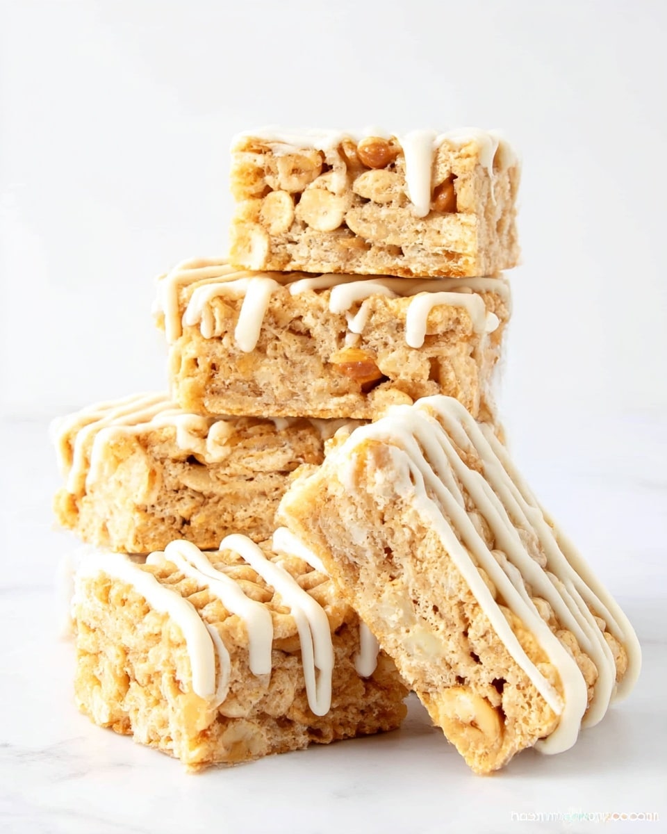 The image shows a stack of five light golden cereal bars with a chewy texture, each bar with visible cereal pieces and small peanut chunks inside. They are arranged in two piles: one with three bars stacked vertically and another with two bars stacked vertically, slightly leaning against the first pile. Each bar is decorated with thick white icing drizzled diagonally across the top and sides, creating a textured contrast against the rough surface of the cereal bars. The bars are set on a plain white marbled surface with a bright white background, giving a clean and fresh look. photo taken with an iphone --ar 4:5 --v 7