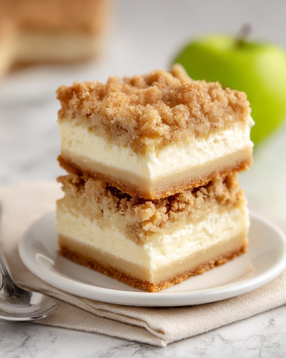 The image shows two thick square dessert bars stacked on a small white plate. Each bar has three layers: the bottom layer is a firm, pale beige crust; the middle layer is a creamy white filling that looks soft and smooth; the top layer is a crumbly, golden brown streusel with a rough texture. The plate sits on a light beige cloth, and a silver spoon is nearby on a white marbled surface. In the background, part of a green apple is visible out of focus. photo taken with an iphone --ar 4:5 --v 7