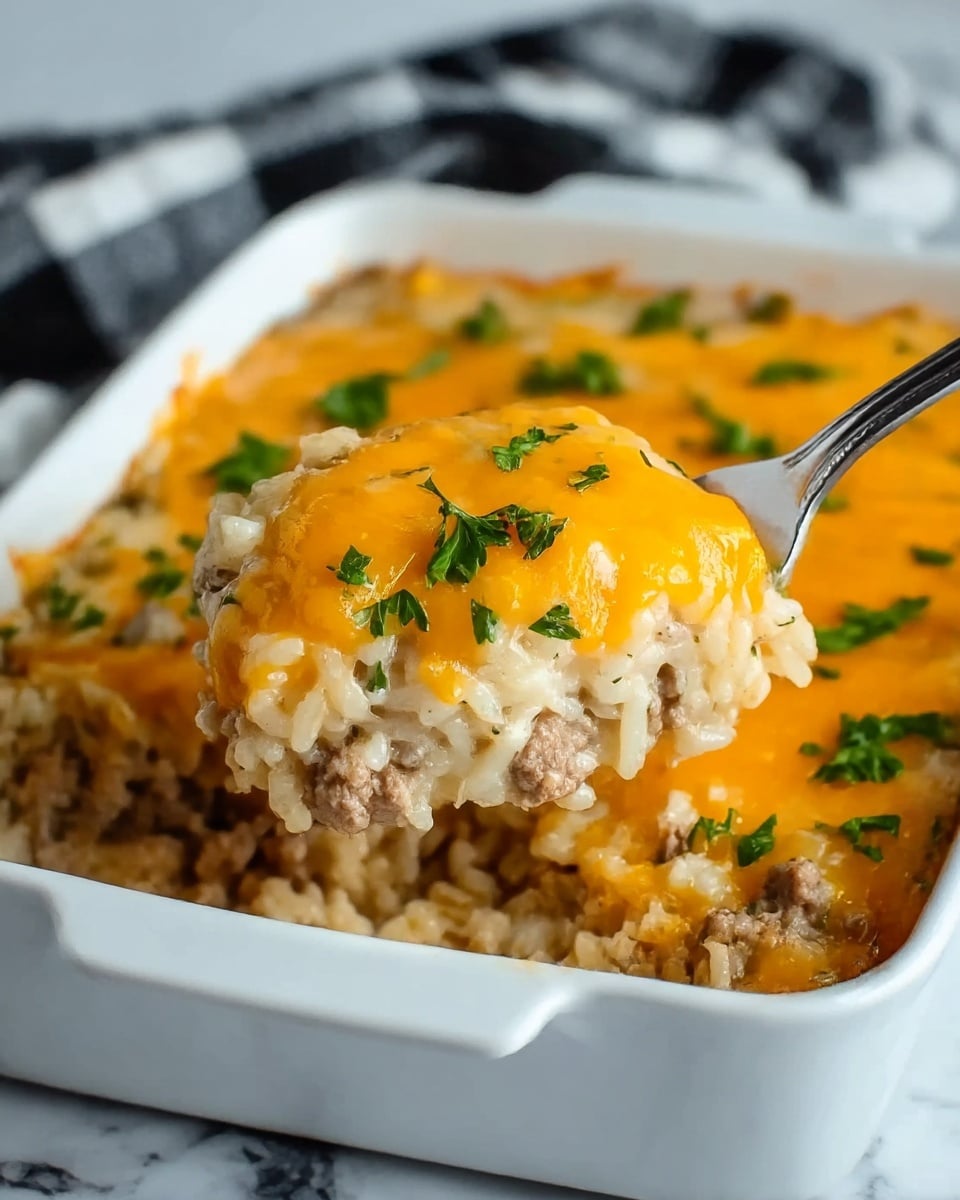 The image shows a white rectangular dish filled with a baked casserole that has three main layers. The bottom layer is light brown cooked ground meat, the middle layer is creamy pale rice or pasta mixed with the meat, and the top layer is melted bright orange cheddar cheese. There are small green parsley pieces sprinkled over the cheese for garnish. A silver fork lifts a portion of the casserole, showing all three layers together in the close-up. The dish sits on a white marbled surface with a black and white cloth seen blurred in the background. Photo taken with an iphone --ar 4:5 --v 7