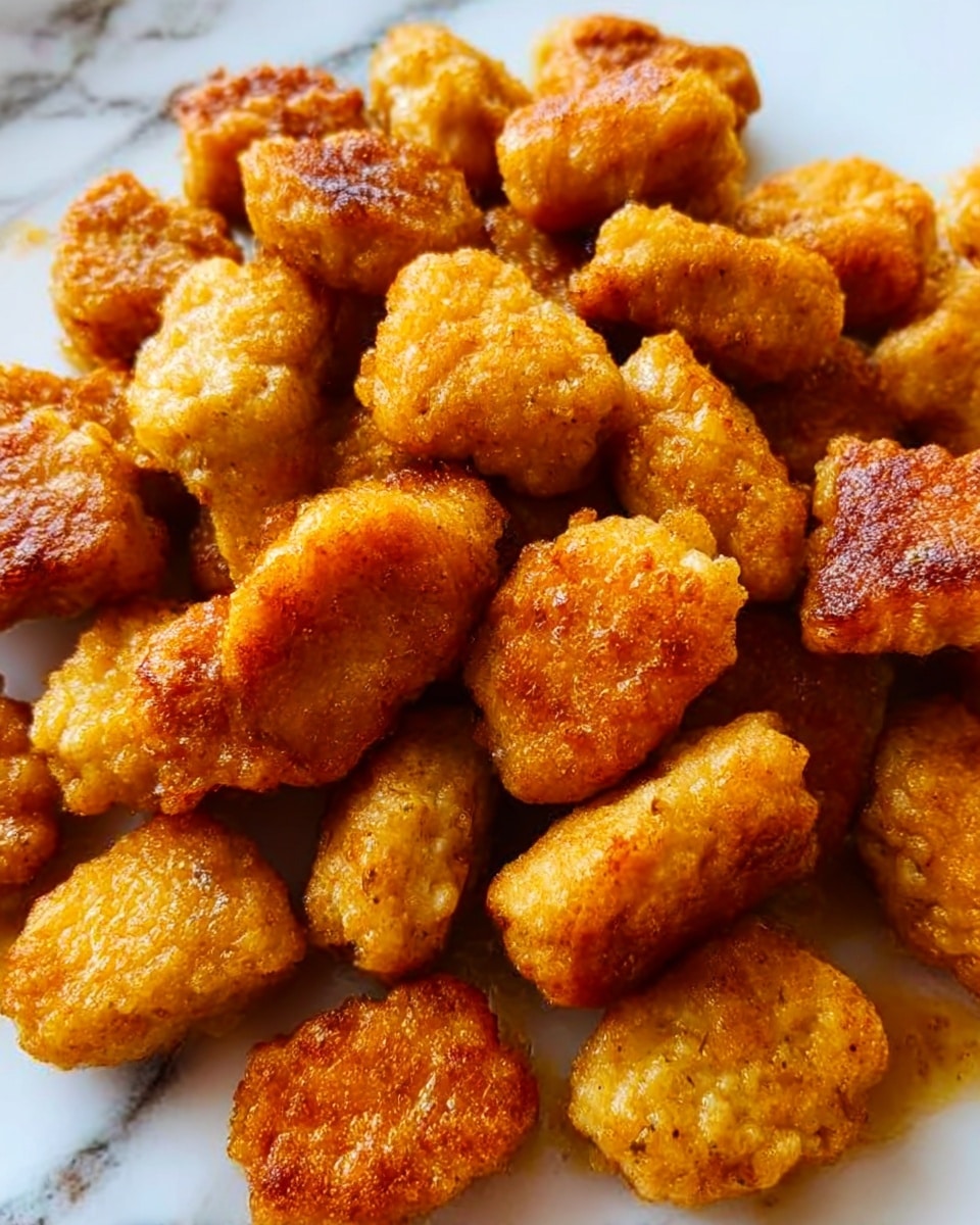 The image shows many small, golden-brown chicken nuggets with a crispy texture on a white marbled surface. The nuggets have varied shades of brown, indicating they are well-cooked with some slightly darker, crispier spots. There are no extra layers or additional items visible, just the nuggets closely packed together. photo taken with an iphone --ar 4:5 --v 7