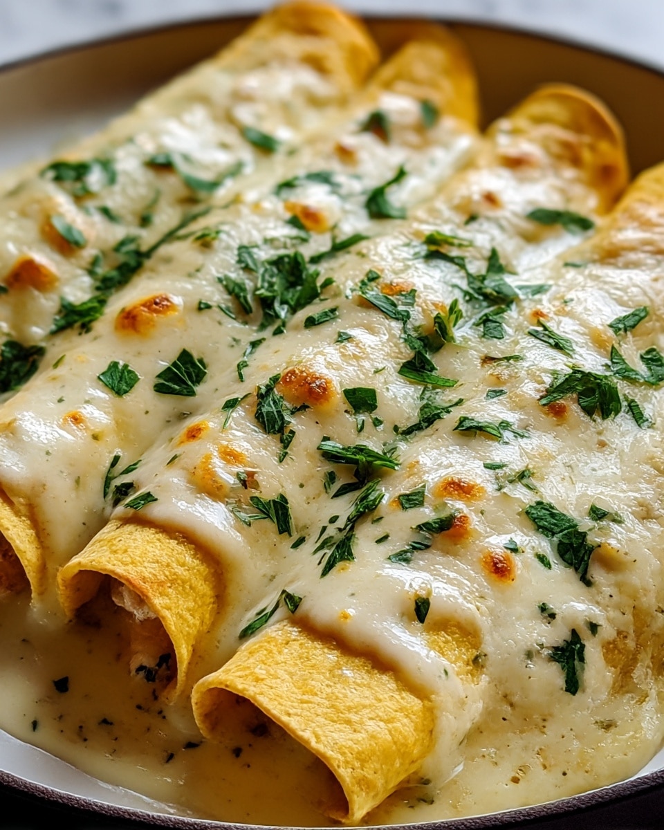 A close-up of four rolled enchiladas lined up side by side on a white plate, each enchilada covered generously with creamy white cheese sauce that glistens with small browned spots, topped with scattered bright green chopped herbs. The enchiladas have a soft, slightly textured yellow corn tortilla visible at the edges. The sauce flows smoothly over the edges and pools softly around the base. The background is a white marbled texture. photo taken with an iphone --ar 4:5 --v 7
