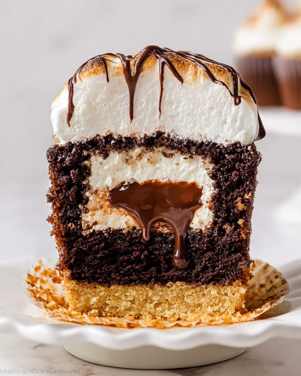 A close-up image of a cupcake cut in half, showing four distinct layers, sitting on a white scalloped plate against a white marbled background. The bottom layer is a golden crumbly crust with a rough texture. Above it is a dense, dark chocolate cake layer with a moist, crumbly texture. In the center of this chocolate cake is a glossy, rich chocolate ganache filling that slightly drips downwards. The top layer is a thick, smooth, white cream, covered with a light brown toasted meringue that has a slightly browned, uneven surface. Thin chocolate drizzle lines run across the top of the meringue. Photo taken with an iphone --ar 4:5 --v 7