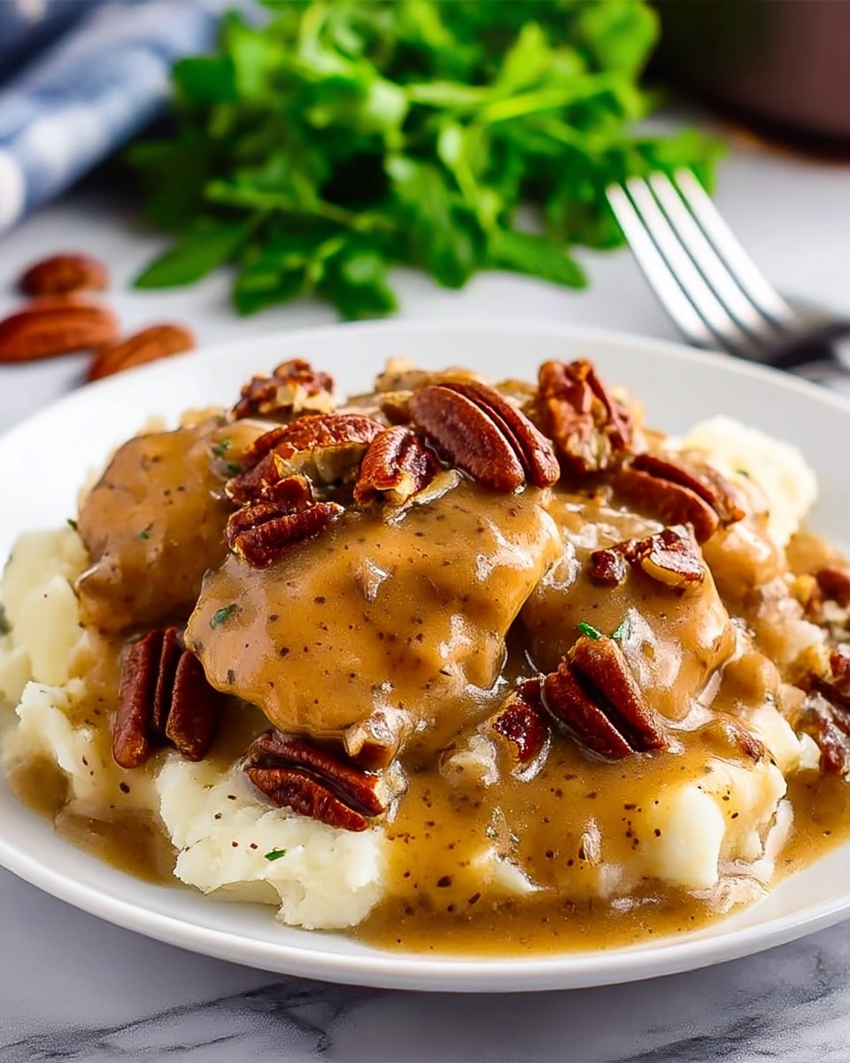 A white plate filled with a base layer of creamy white mashed potatoes, topped with a thick layer of golden brown gravy with visible specks of herbs and chunks of cooked pecans. Over the gravy, there are several pieces of tender, browned chicken covered with the same rich gravy sauce, garnished with chopped pecans. In the background, there is a blurry green leafy garnish, all placed on a white marbled surface with a fork next to the plate. photo taken with an iphone --ar 4:5 --v 7