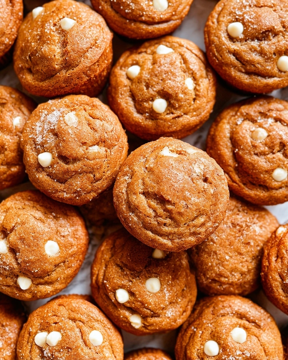 A close-up view of many round, brown muffins with a slightly rough texture, each containing white chocolate chips scattered throughout the tops and sides. The muffins have a soft and moist look with some cracks and a light sprinkle of sugar or spice on the top. They are piled closely together, filling the frame with warm brown and creamy white colors, resting on a white marbled surface. photo taken with an iphone --ar 4:5 --v 7