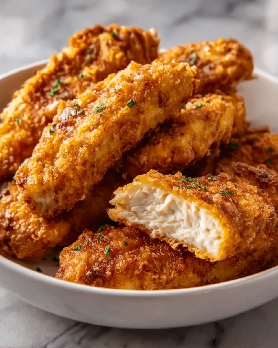 A white bowl holds five pieces of crispy fried chicken tenders with a golden brown crust that looks crunchy and slightly uneven. One piece is broken open, showing tender white meat inside with a juicy texture. The chicken is sprinkled with small green parsley bits for color contrast. The bowl sits on a white marbled surface with soft lighting highlighting the crispy texture of the chicken. photo taken with an iphone --ar 4:5 --v 7