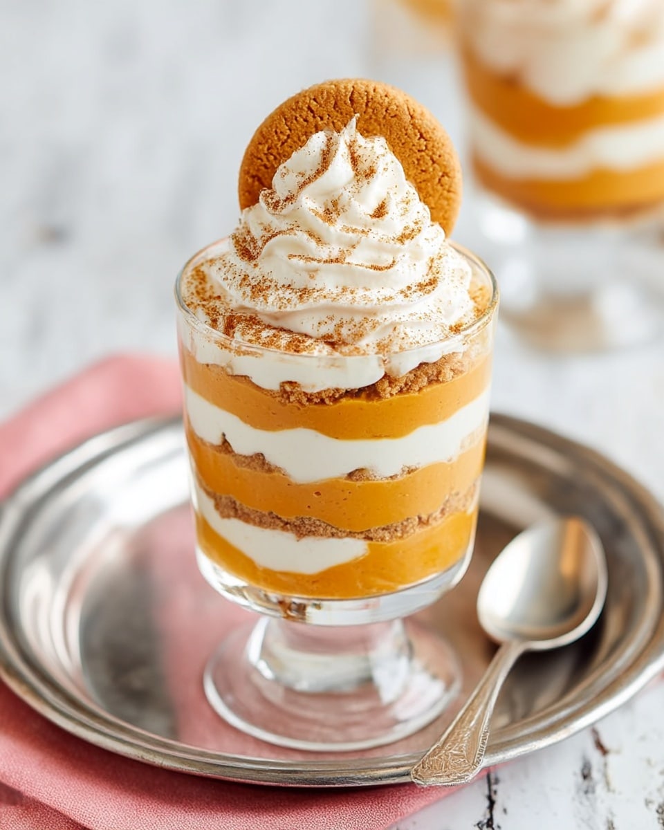 The image shows a clear glass dessert cup with five visible layers. From bottom to top, the first layer is a thick orange pumpkin-colored puree, followed by a thin layer of crumbled light brown cookies, then a smooth white cream layer, another thick pumpkin-colored puree layer, and a final white cream layer topped with a swirl of whipped cream dusted lightly with brown spice. A round, textured light brown cookie is placed upright into the whipped cream. The glass is placed on a silver metal tray over a pink cloth, all set on a white marbled textured surface. Photo taken with an iphone --ar 4:5 --v 7