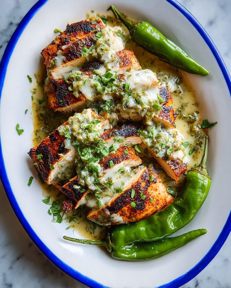 The dish shows a white oval plate with a blue rim, holding three grilled chicken breasts sliced into thick strips. Each chicken piece has a dark charred crust on the edges, giving a textured look. The chicken layers are topped with melted white cheese that appears creamy and slightly stringy. Over the cheese, there is a green herb sauce that looks chunky with bits of herbs and spices. Scattered chopped fresh green herbs are sprinkled over the whole dish, adding bright color. Two whole green chili peppers lie on the plate beside the chicken, providing contrast. The plate sits on a white marbled surface. Photo taken with an iphone --ar 4:5 --v 7
