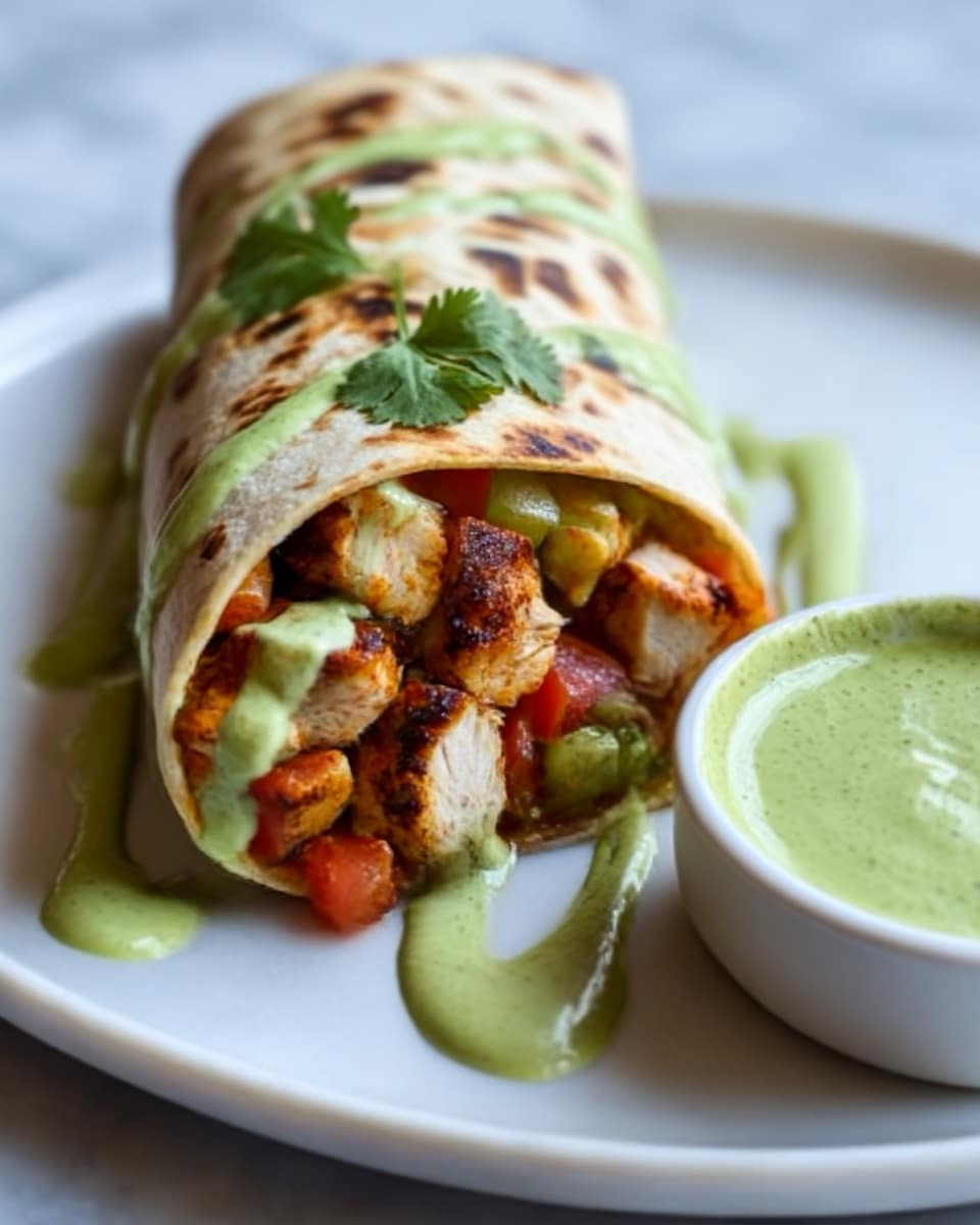 A close-up image of a rolled tortilla wrap filled with visible pieces of grilled chicken, diced tomatoes, and fresh vegetables, wrapped tightly with the tortilla showing a lightly toasted, slightly browned texture on top. The wrap is drizzled generously with a green creamy sauce, giving a smooth, vibrant contrast against the warm colors of the filling. A sprig of fresh cilantro rests on top near the center, adding a touch of green freshness. Next to the wrap, on the right side, there is a small white bowl filled with more of the same green sauce. The whole scene sits on a white plate placed on a white marbled surface. Photo taken with an iphone --ar 4:5 --v 7