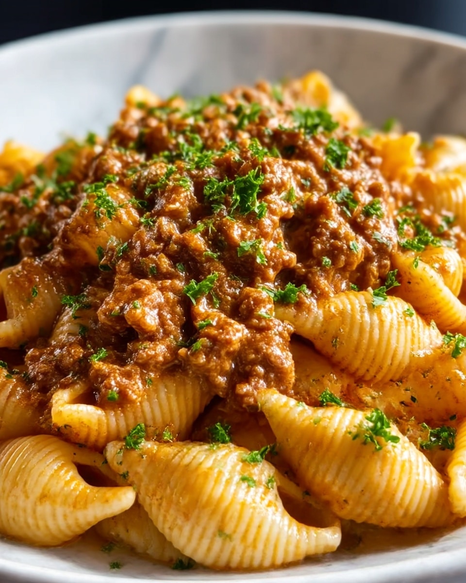 A close-up of a dish showing three main layers: at the bottom, white shell pasta with smooth, curved ridges; in the middle, a thick, brown meat sauce with soft, crumbly texture sitting between and on top of the pasta; sprinkled all over as the top layer, small bits of fresh green parsley adding color contrast. The whole dish looks creamy and richly coated with sauce, on a white marbled surface in soft light. photo taken with an iphone --ar 4:5 --v 7