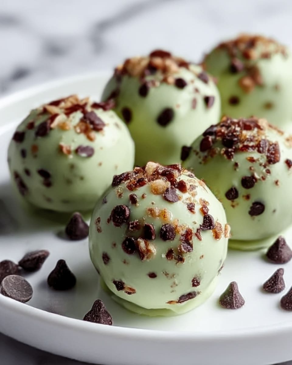 The image shows six round truffles covered with a light green creamy coating, studded with small dark brown chocolate chips and tiny bits of crunchy nuts on their surfaces. They are placed on a smooth white plate, arranged closely in two rows with some dark brown chocolate chips scattered around the plate as decoration. The truffles have a shiny and smooth texture with small rough spots created by the nuts and chocolate chips on the outside. In the background, the white marbled surface is clean and minimal, emphasizing the colors and textures of the truffles. photo taken with an iphone --ar 4:5 --v 7
