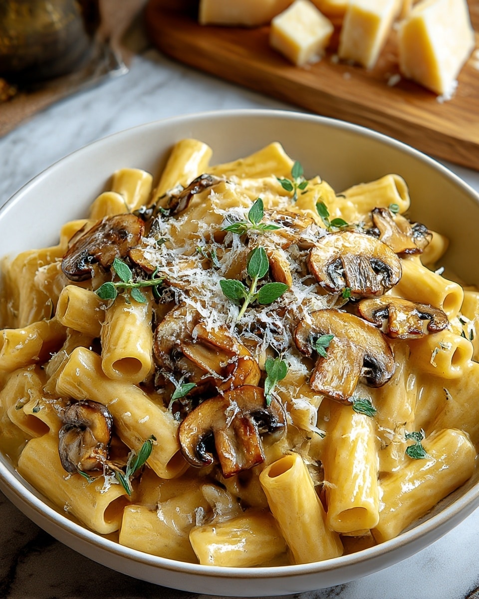 A white bowl filled with creamy yellow pasta tubes covered in a smooth sauce, with golden-brown sautéed mushroom slices spread on top. The pasta is garnished with small green herb leaves and sprinkled grated white cheese, adding texture and color contrast. The bowl sits on a white marbled surface with a blurred wooden cutting board and some cheese chunks in the background. photo taken with an iphone --ar 4:5 --v 7