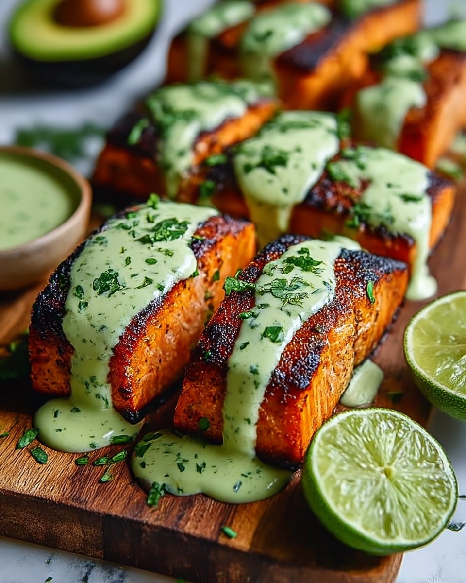 The image shows two rows of thick, grilled salmon pieces on a wooden board. Each salmon piece has a charred, dark brown crust with a bright orange-pink inside. A creamy, light green sauce with small green herb bits is generously drizzled over the top of each salmon piece, flowing down the sides. Fresh green herbs are sprinkled over the sauce, adding a touch of freshness. On the right side of the wooden board, there are two lime halves showing their juicy, green insides. In the blurred background, there is a sliced avocado. The whole setup is on a white marbled texture. photo taken with an iphone --ar 4:5 --v 7