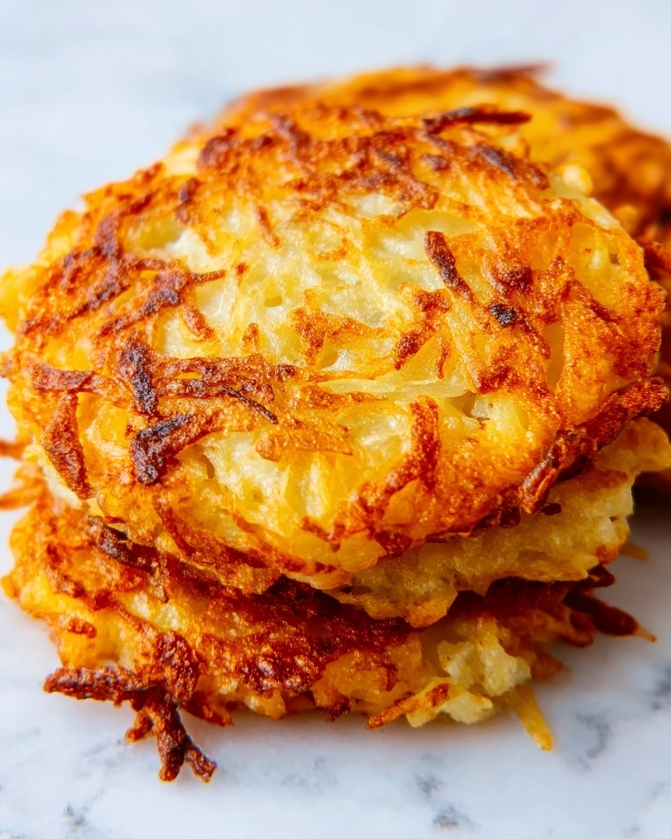 The image shows three crispy golden-brown potato latkes stacked slightly on a white marbled surface. The top latke is in full view, highlighting its textured grated potato strands that create a crunchy and uneven surface with hints of darker, well-fried edges all around. The latkes beneath peek out on the right side, showing the same golden texture but with some softer and lighter golden areas. The focus is tight on the latkes, making the white marbled background soft and clean. photo taken with an iphone --ar 4:5 --v 7