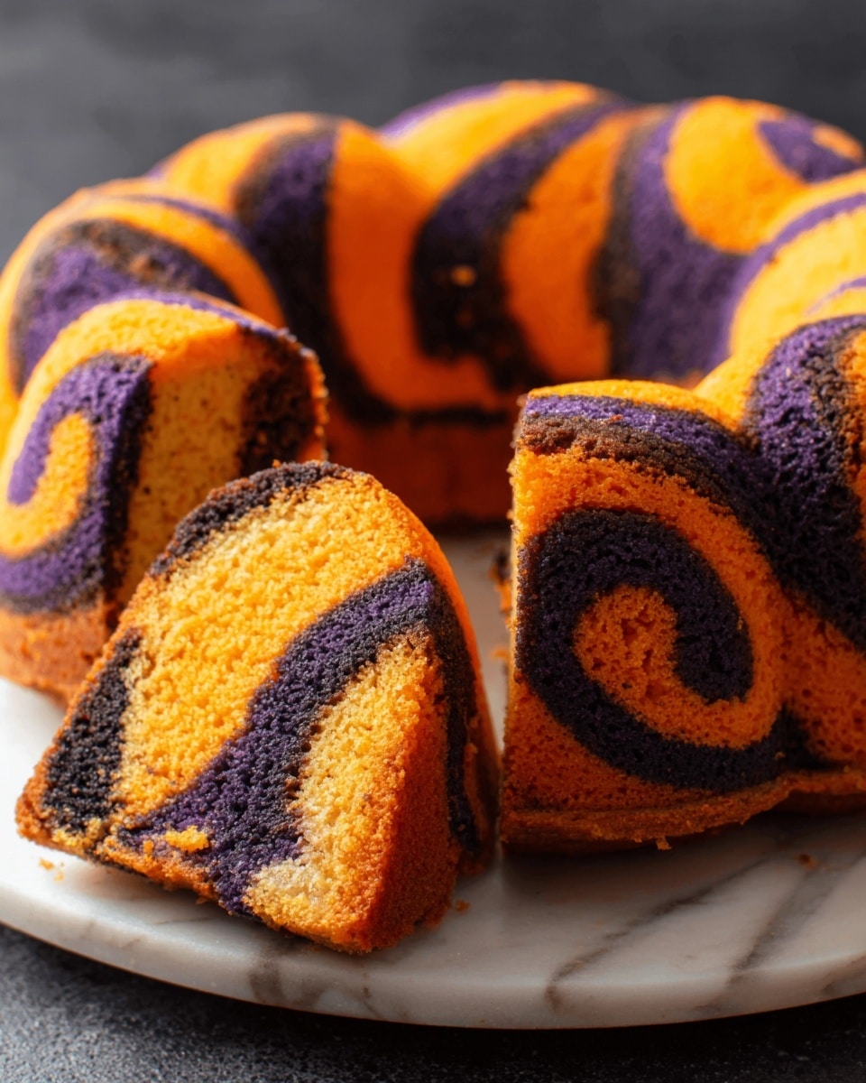 A round bundt cake with bold, swirling patterns of bright orange, deep purple, and black, each color clearly separated and twisting around the whole cake, sits on a simple white plate on a white marbled surface. The cake is cut into thick slices, showing the same vibrant spiral design inside, with a smooth texture and a slightly glossy finish. The lighting highlights the rich colors and soft crumb of the cake, making it look fresh and moist. Photo taken with an iphone --ar 4:5 --v 7