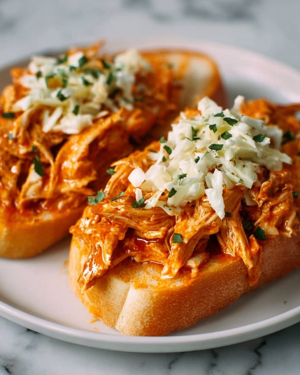 The image shows two pieces of bread open-faced on a white plate, each topped with a thick layer of shredded chicken covered in a rich orange sauce. On top of the chicken, there is a small pile of white coleslaw with some green herbs sprinkled over it. The bread looks soft and slightly toasted on the edges, while the sauce on the chicken gives it a moist and sticky texture. The background has a white marbled texture. photo taken with an iphone --ar 4:5 --v 7