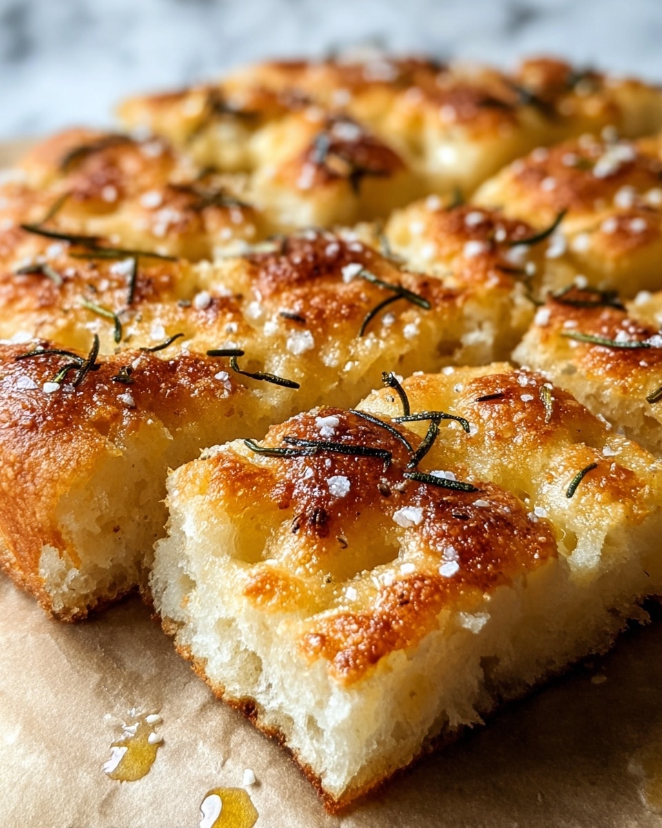 A close-up of a golden focaccia bread cut into square pieces, showing a thick, fluffy dough base with a slightly crispy, shiny top layer baked to a rich golden brown and sprinkled with coarse salt and green rosemary leaves scattered across the surface. The texture looks airy and soft inside, with a bubbly crust and small browned spots from baking. The bread is resting on baking paper with a blurred background of a white marbled texture. photo taken with an iphone --ar 4:5 --v 7