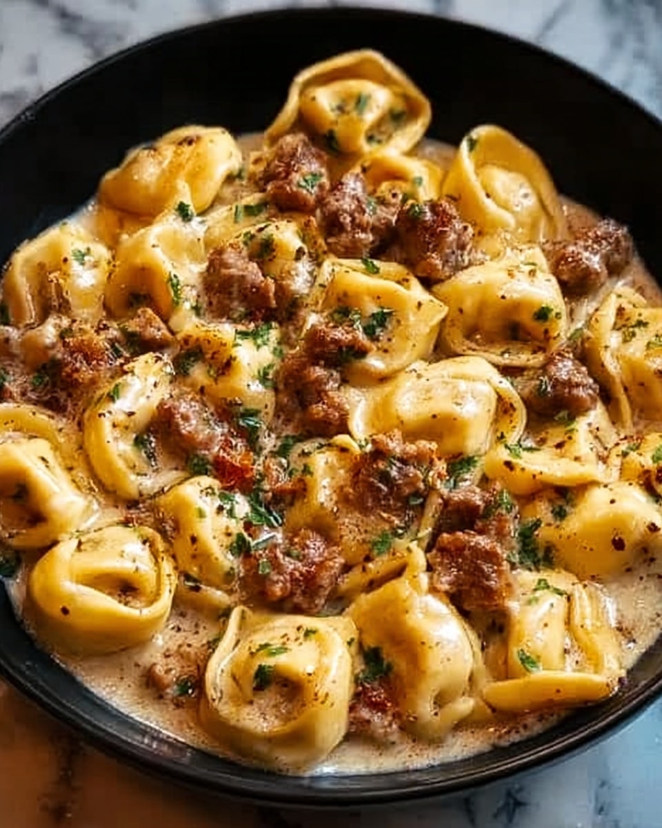 A close-up of a black bowl filled with creamy tortellini pasta topped with small chunks of browned meat and sprinkled green herbs. The tortellini are light yellow and folded, covered in a smooth sauce that looks rich and cheesy. The meat pieces are scattered on top, adding texture and a darker brown color contrast. The bowl sits on a white marbled surface, giving a clean background that highlights the warm tones of the pasta dish. Photo taken with an iphone --ar 4:5 --v 7